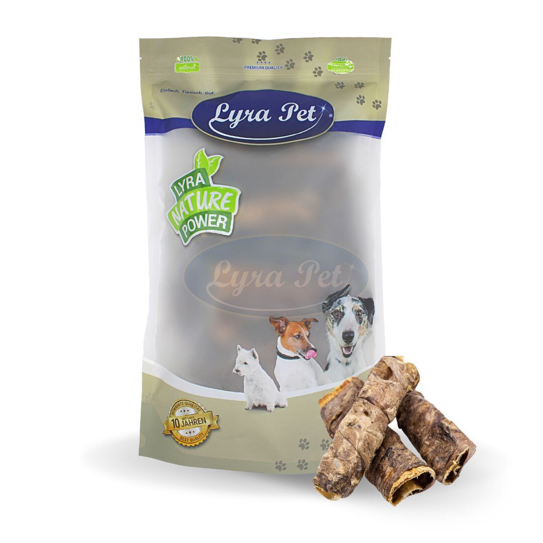 Lyra Pet®-Beutel mit Rinderlunge und Strossen. Sichtbar: Produkt, Hundeabbildungen, Logo, Text. Einige Stücke liegen daneben.