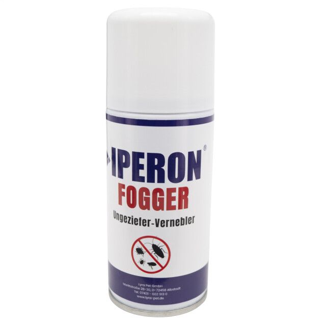 Zylindrische Dose mit weißem Deckel. Aufschrift: IPERON FOGGER, Ungeziefer-Vernebler. Logo mit Insekten. Blauer und weißer Hintergrund.