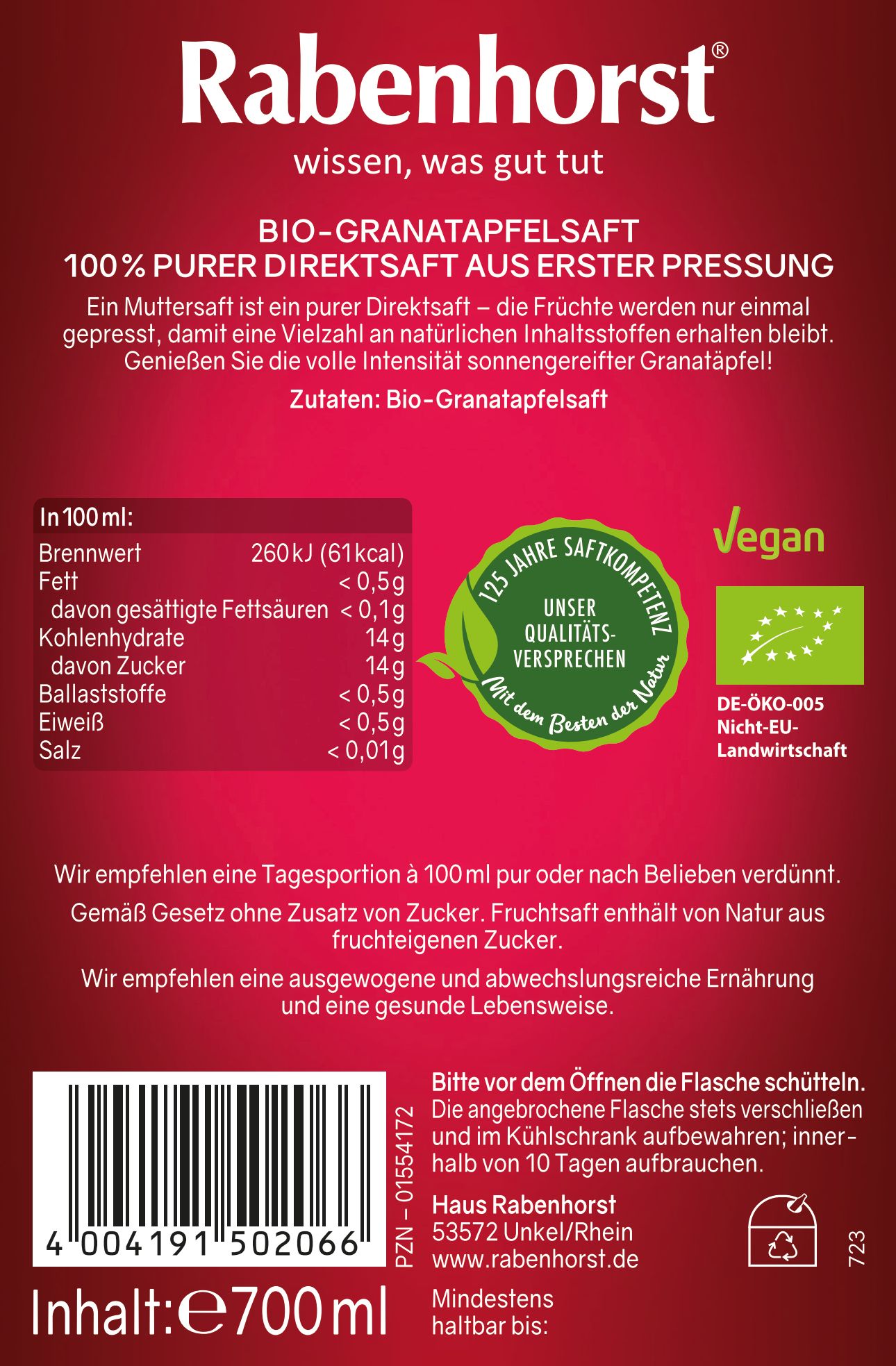 Rabenhorst Granatapfel BIO - Direktsaft 6x700 ml Saft