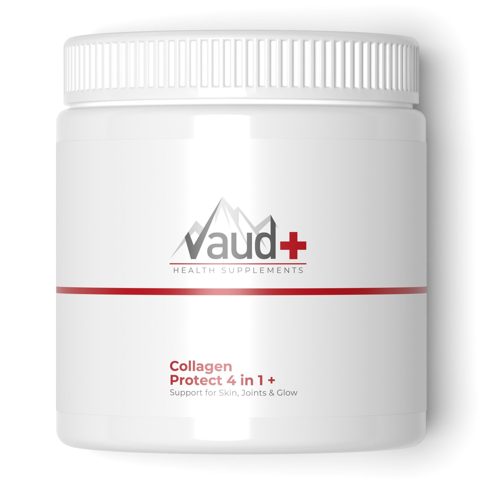 Weißes Supplement-Behälter mit Deckel. Aufschrift: Vaud+ Health Supplements, Collagen Protect 4 in 1. Roter Streifen.