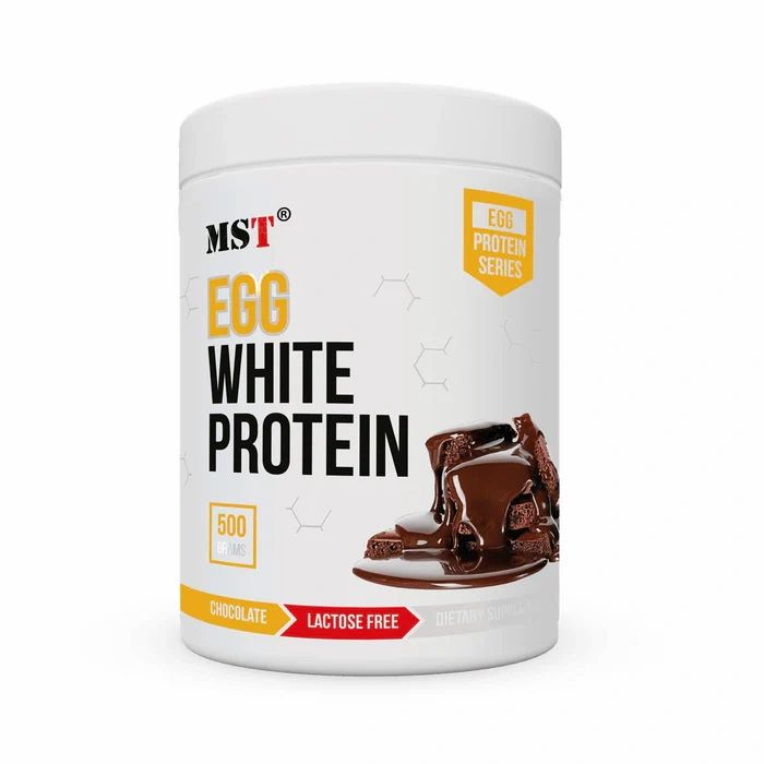 Weiße Dose mit MST Egg White Protein. Aufschrift: EGG WHITE PROTEIN, 500, Chocolate, Lactose Free. Abbildung von Schokoladen-Eiweiß.