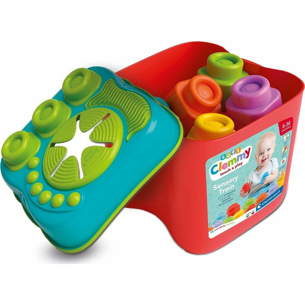 Roter Eimer mit Deckel und Bausteinen. Clementoni Sensory Train. Deckel mit Knöpfen.