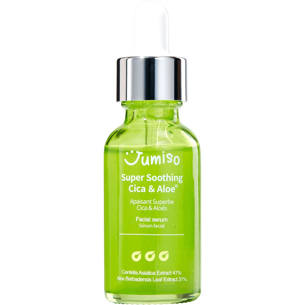 Grüne Glasflasche mit weißem Deckel und Pipette. Aufschrift: Super Soothing Cica & Aloe. Gesichtsserum.