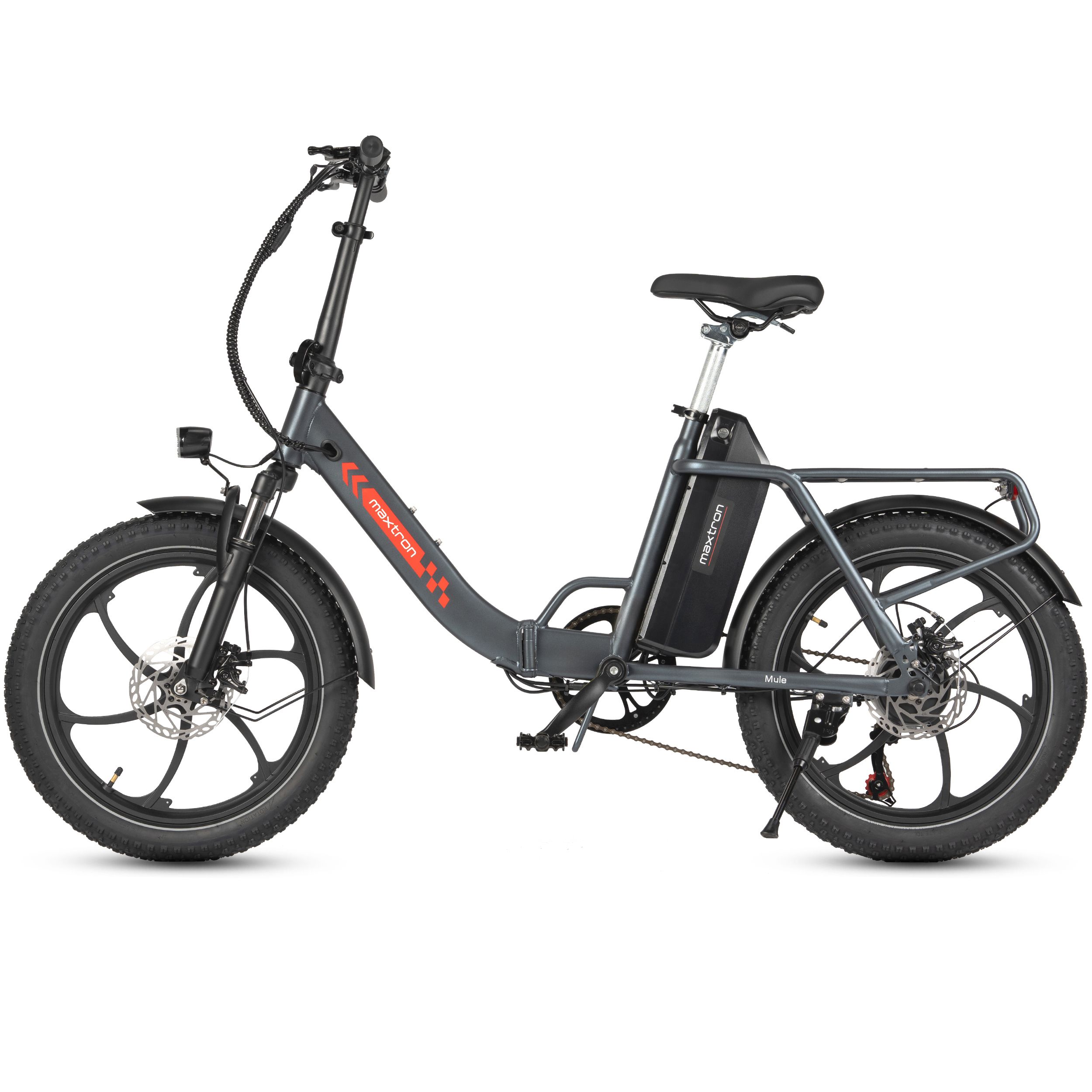Falt-Elektrofahrrad, grau, mit schwarzem Sattel und Reifen. Akku und Gepäckträger. Maxtron Logo.