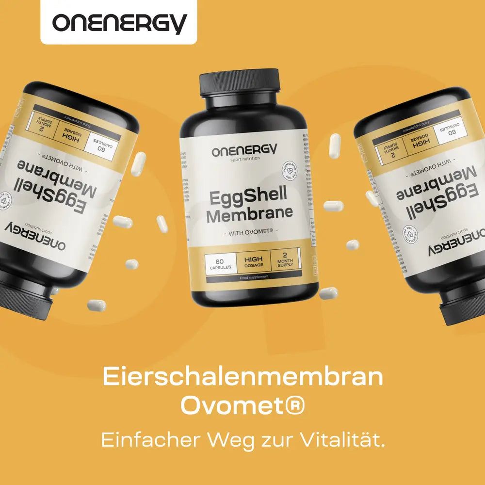 Drei Flaschen EggShell Membrane auf gelbem Hintergrund.
