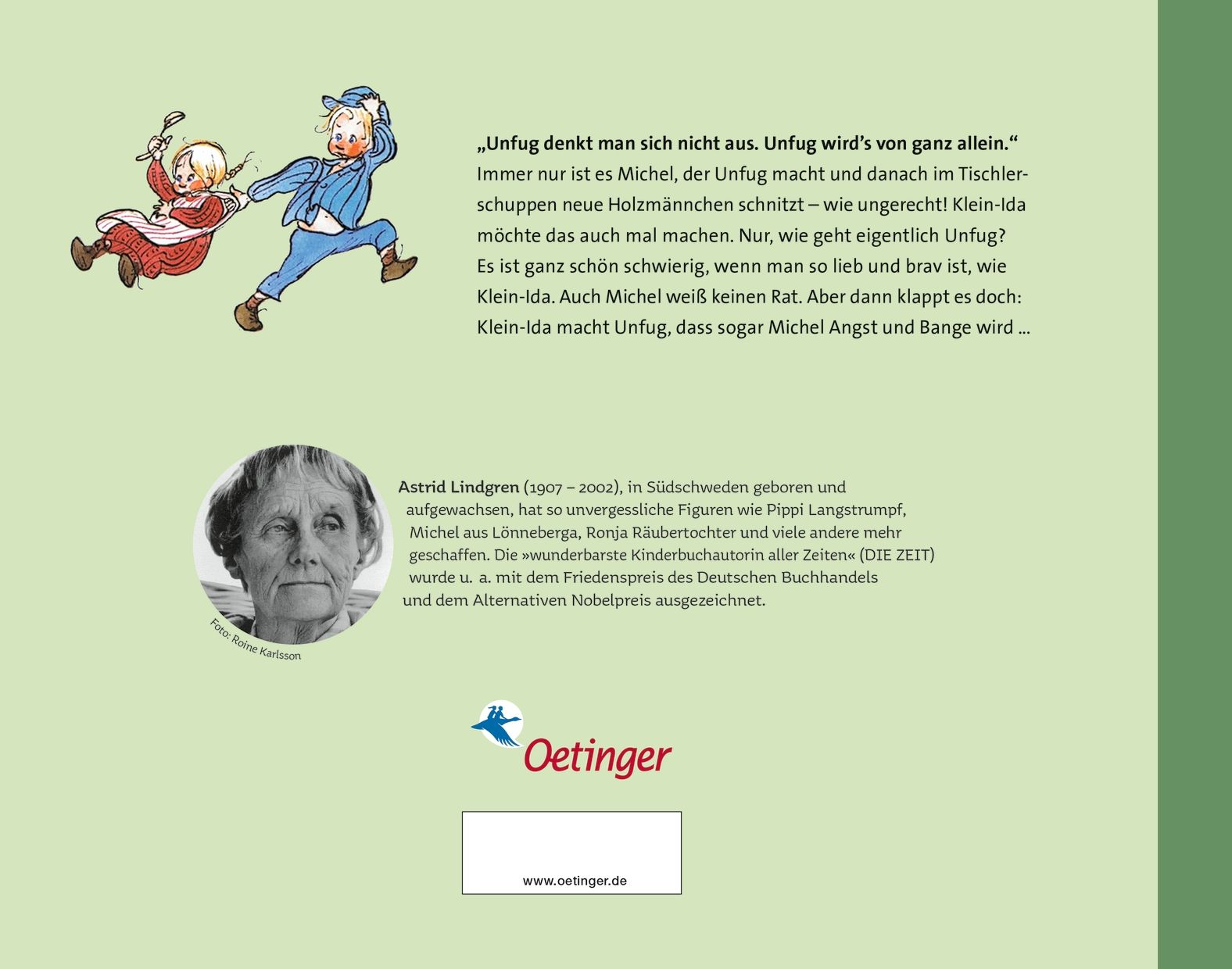 Rückseite des Buches "Als Klein-Ida auch mal Unfug machen wollte". Text und Porträt von Astrid Lindgren. Verlag Oetinger.