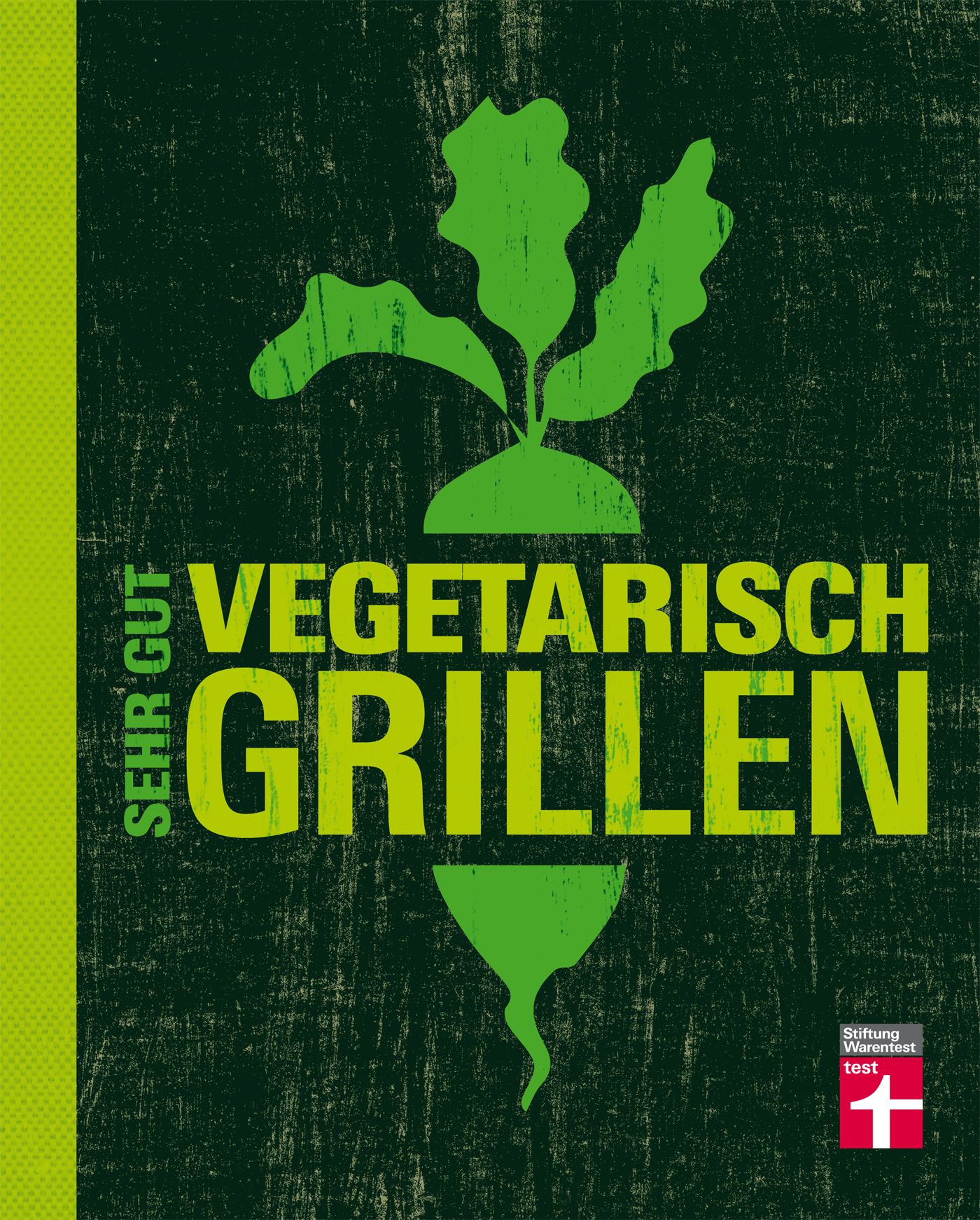 Buchcover mit grünem Gemüse-Illustration und Schriftzug "Sehr gut vegetarisch grillen". Stiftung Warentest Logo.