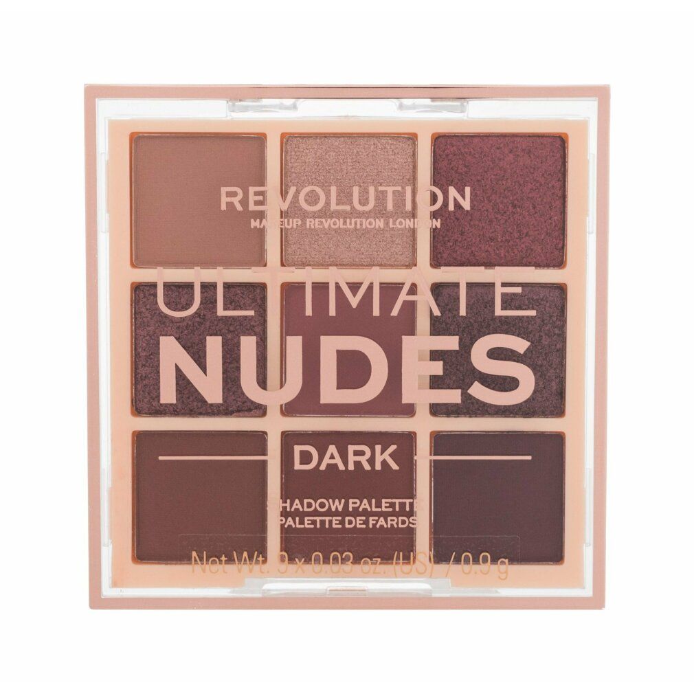 Lidschatten-Palette. Neun Farbtöne in einer quadratischen, hellbraunen Verpackung. Aufschrift: REVOLUTION, ULTIMATE NUDES DARK. Deckel mit Produktinformationen.
