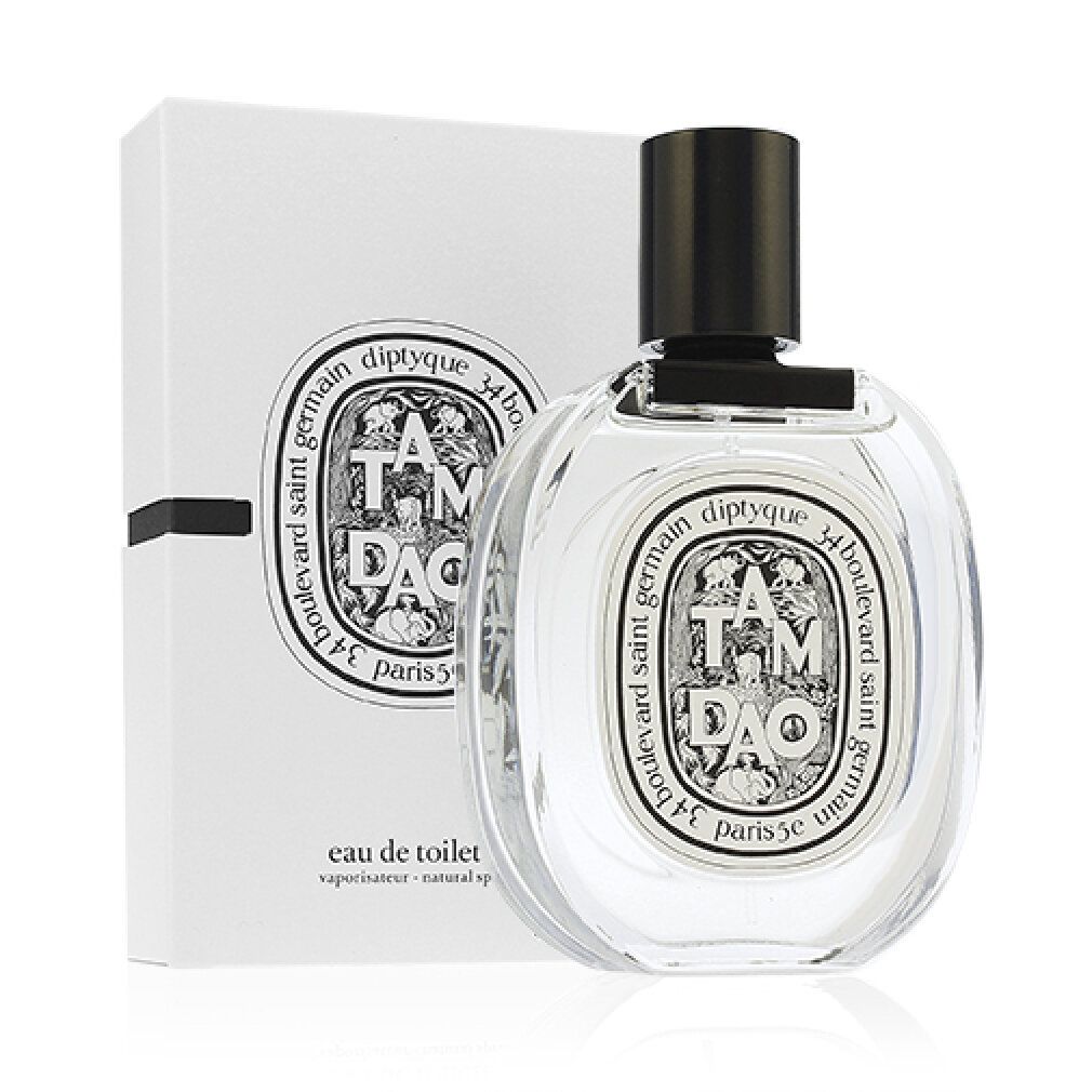 Parfümflasche mit weißer Verpackung. Aufschrift: Tam Dao, Diptyque, Eau de Toilette. Schwarzer Verschluss.