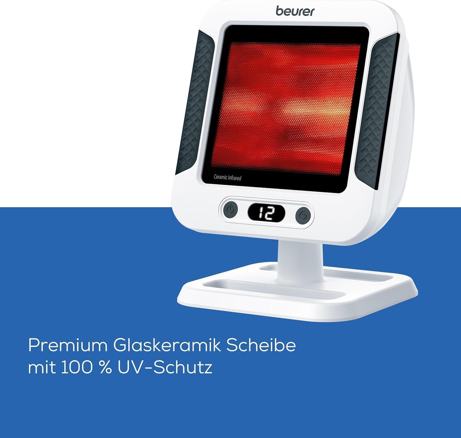 Weißer Infrarot-Wärmestrahler mit schwarzem Rahmen. Digitalanzeige. Aufschrift: Premium Glaskeramik Scheibe mit 100 % UV-Schutz. Marke: beurer.