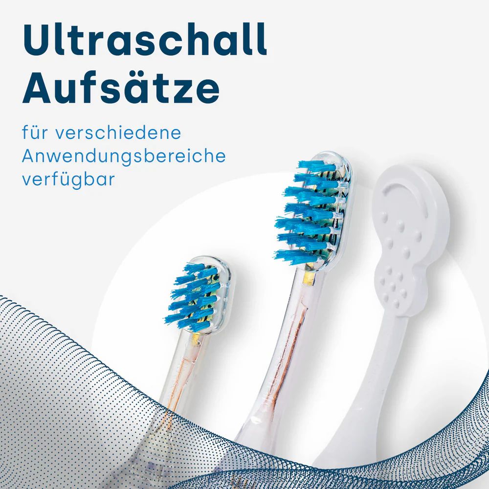 Drei Ultraschall-Aufsätze. Blaue Borsten, transparente Halterungen. Verschiedene Formen für Anwendungsbereiche.