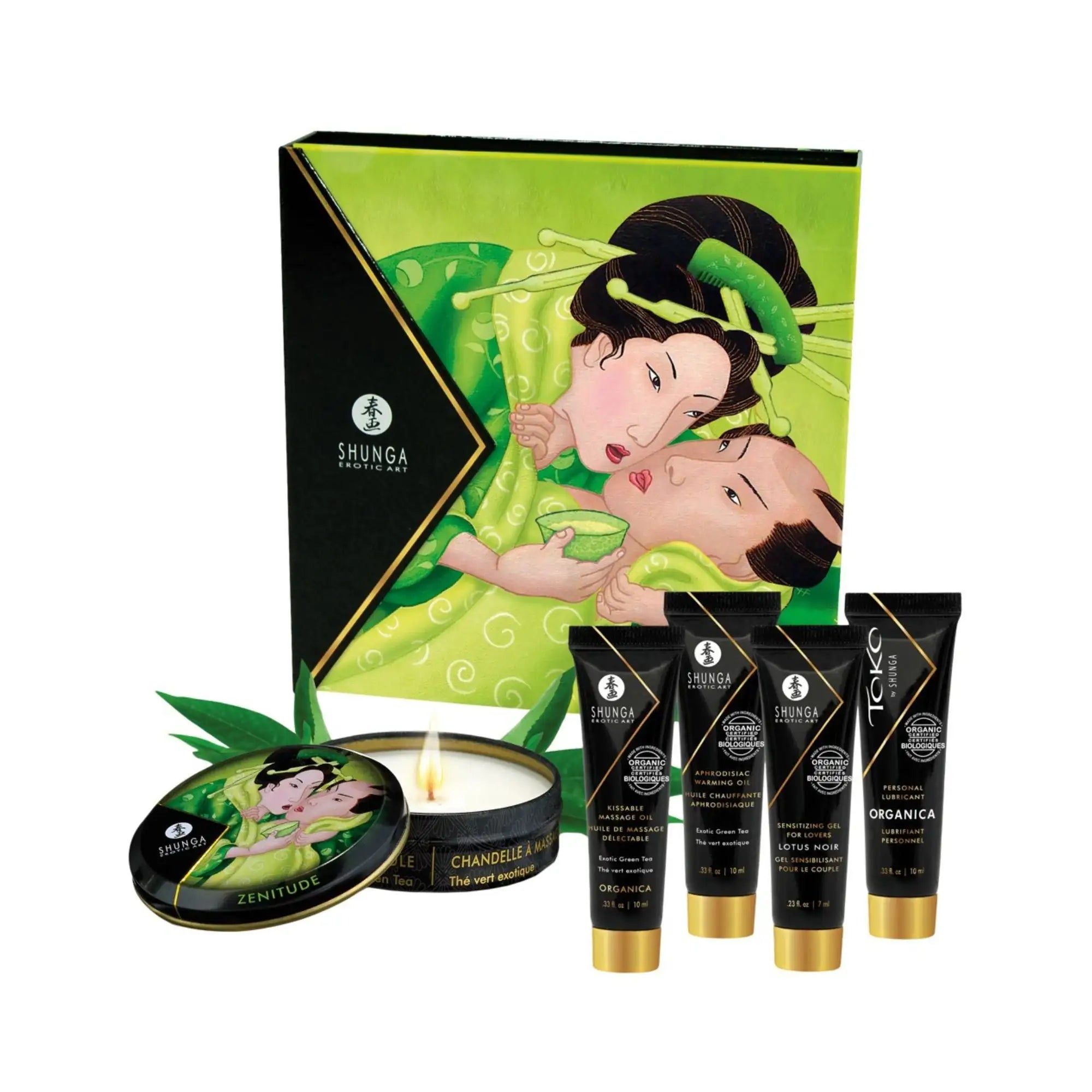 Geschenkbox mit Produkten. Enthält Tuben, eine Kerze und eine Dose. Illustration von Geishas.