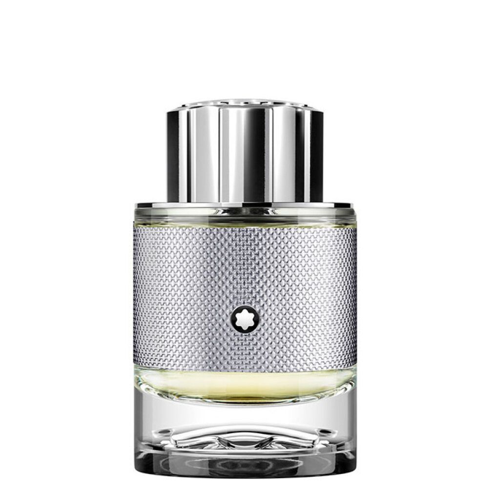 Montblanc Explorer Platinum Eau de Parfum Flakon mit silbernem, texturiertem Gehäuse und silbernem Verschluss.