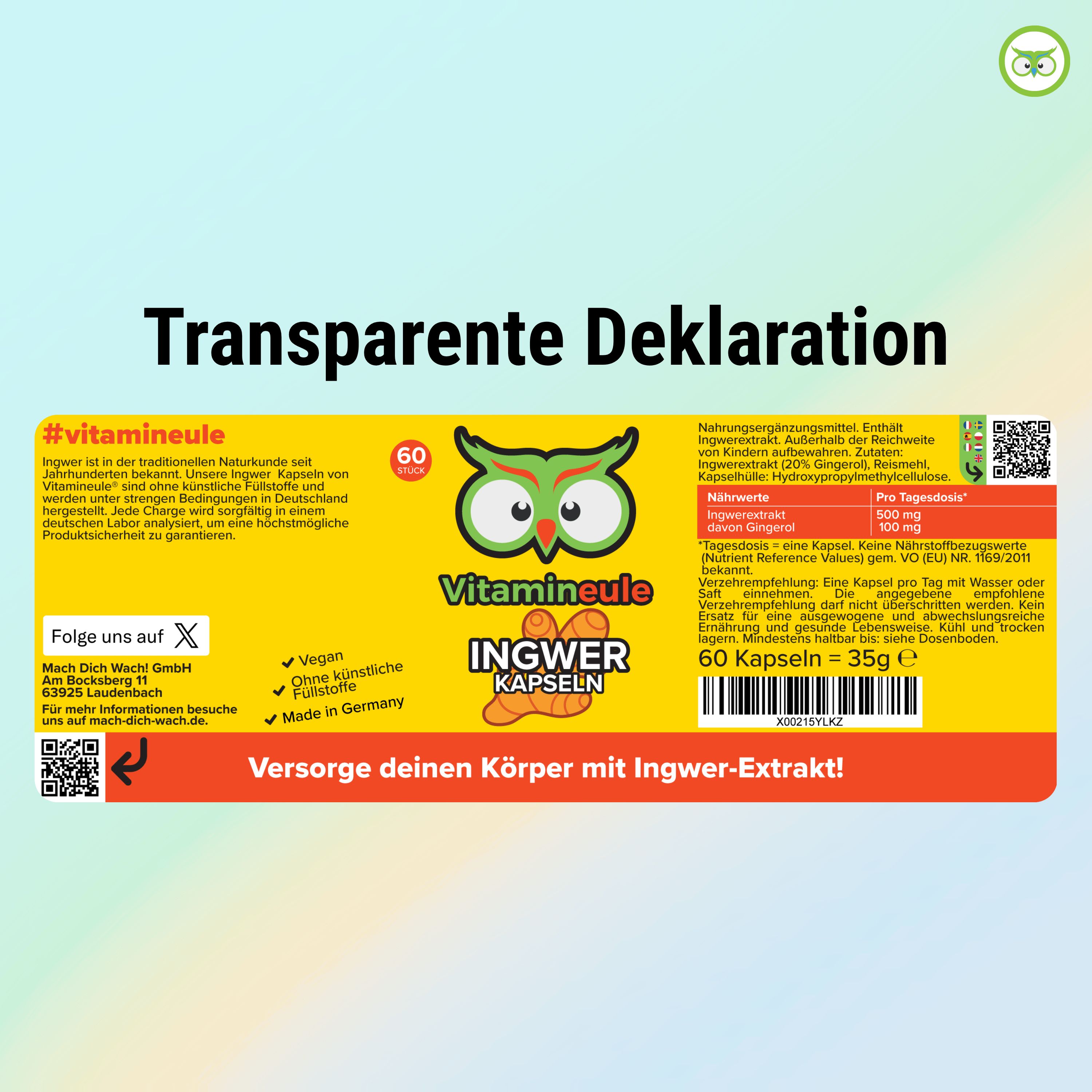 Gelbes Etikett mit Text und Logo. Aufschrift: Ingwer Kapseln, Vitamineule®. 60 Kapseln = 35g. Nährwertangaben. QR-Code und Kontaktinformationen.
