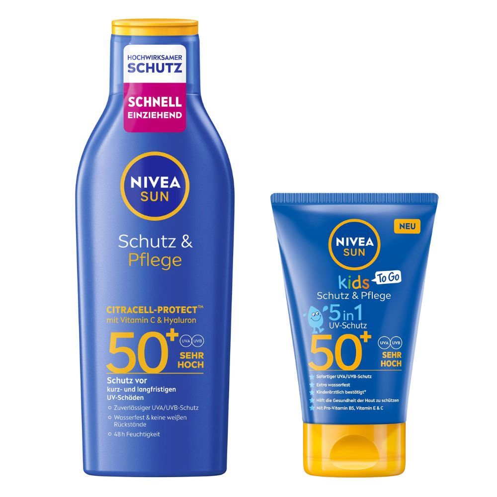 Zwei blaue Sonnencreme-Tuben. Eine groß, eine klein. Beide mit weißer Schrift und gelben Akzenten. Aufschrift: NIVEA SUN Schutz & Pflege, LSF 50.