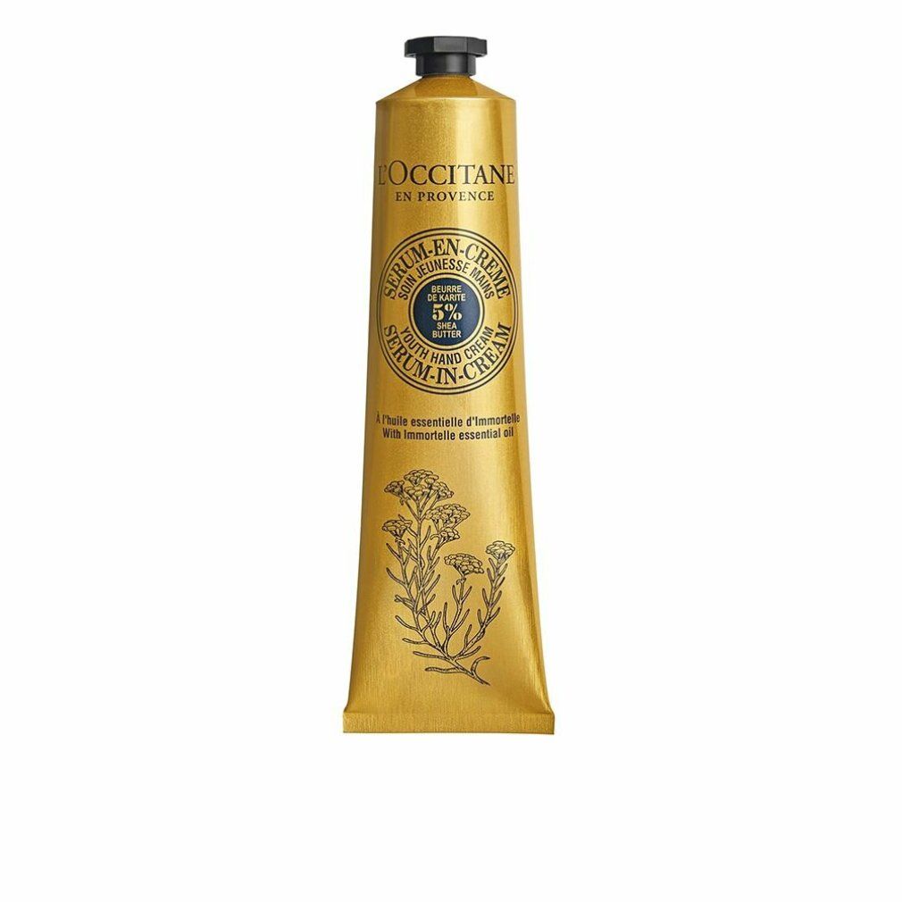 Goldfarbene Tube mit schwarzem Deckel. Aufschrift: L'Occitane en Provence, Serum-en-Crème, 5% Shea Butter. Illustrationen.