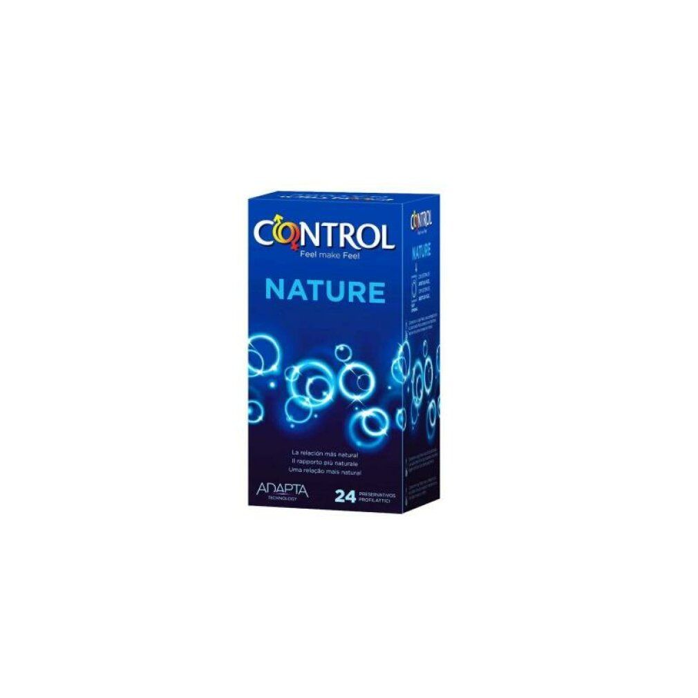 Control Nature Kondom-Packung, 24 Stück. Blaue Box mit Logo, Kreis-Design und Text 'NOW MORE AND ELASTIC'.