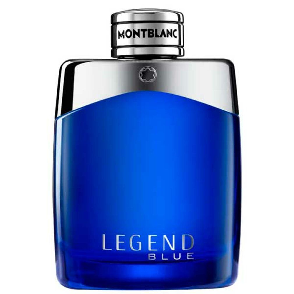 Blauer Flakon mit silbernem Deckel. Aufschrift: MONTBLANC, LEGEND BLUE.