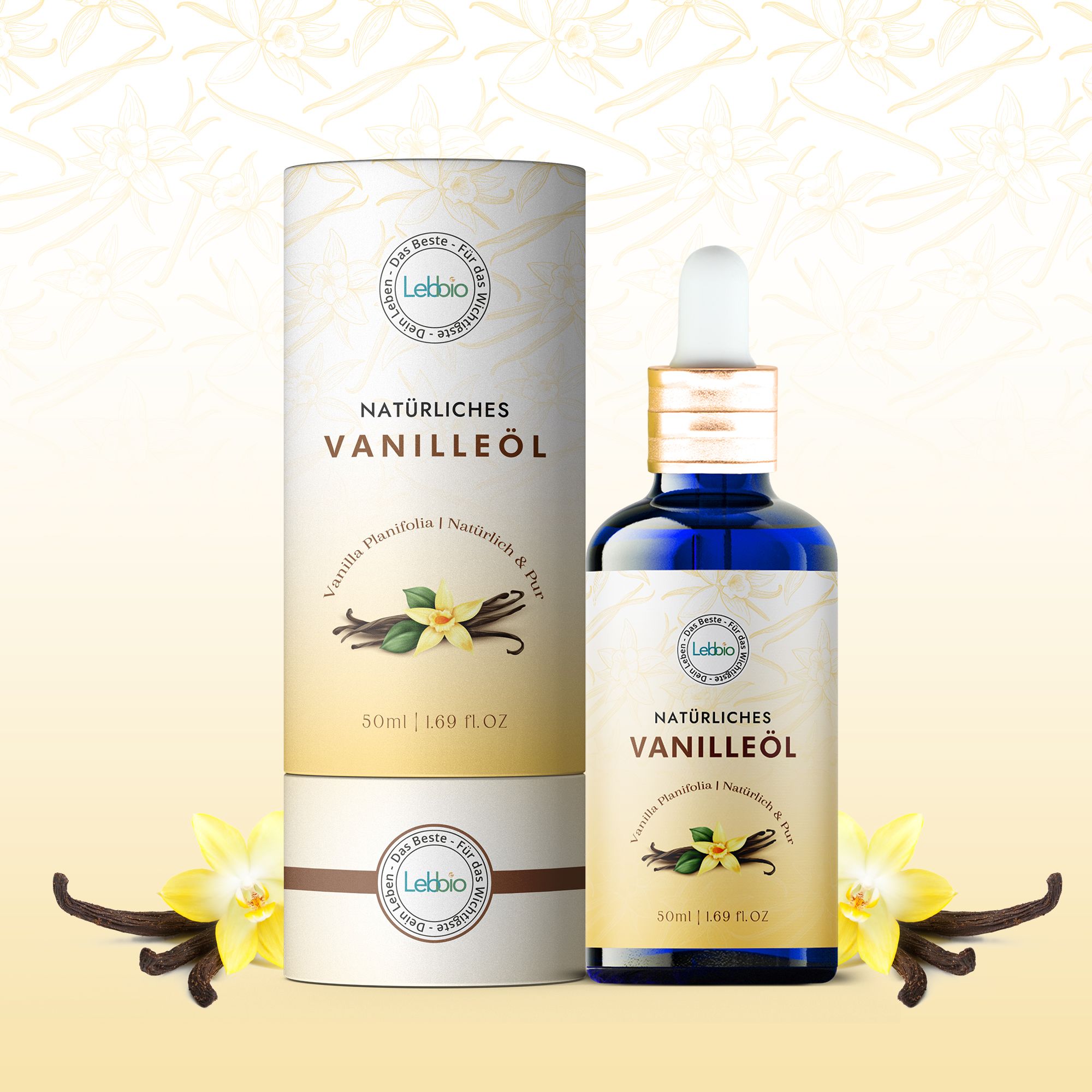 Blaues Fläschchen Vanilleöl mit Pipette und Verpackung. Aufschrift: Natürliches Vanilleöl, 50ml, 1.69 fl.oz. Mit Vanilleblüten.