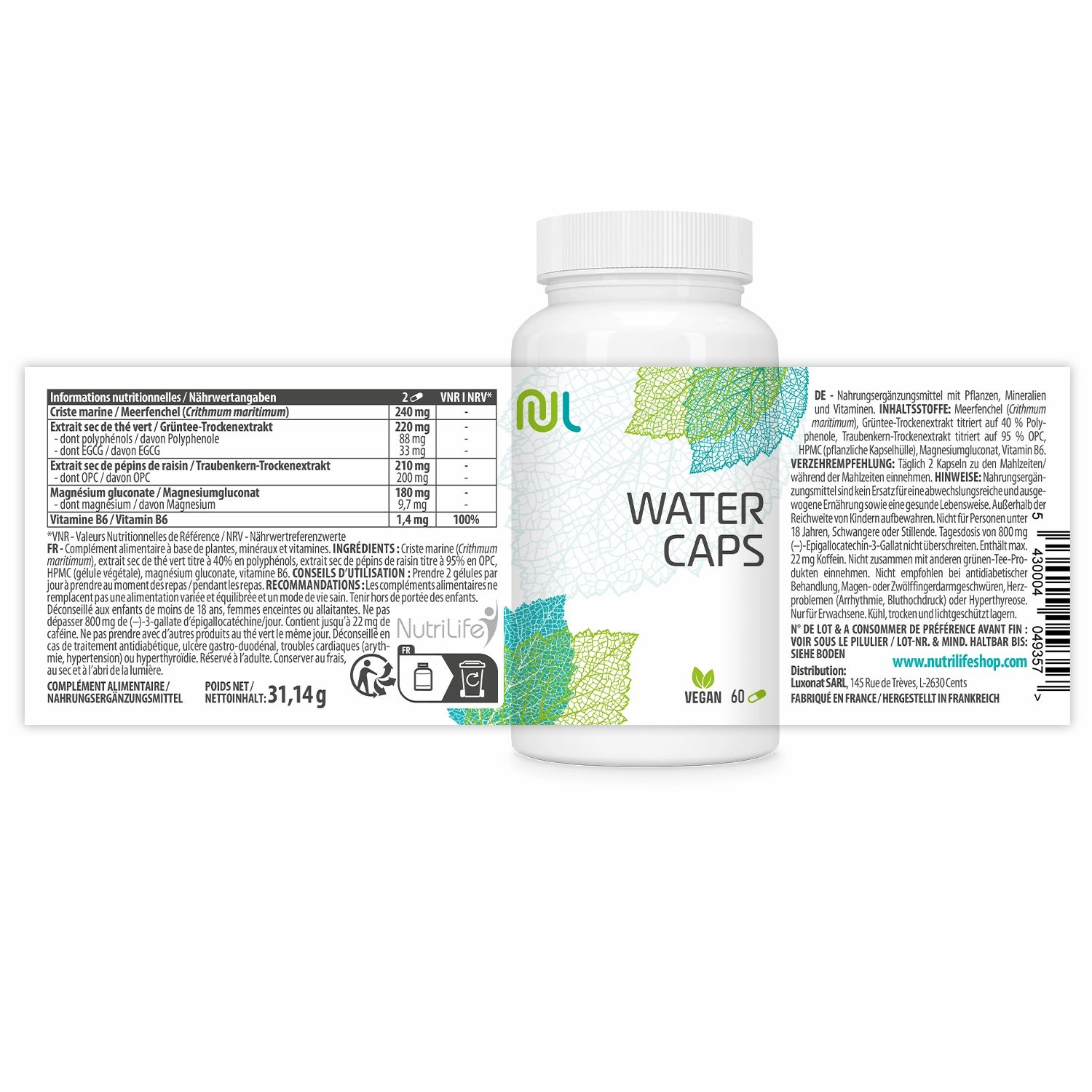 Weiße Flasche mit Schraubverschluss. Aufschrift: WATER CAPS, VEGAN 60. Grün-blaue Blätter-Grafik. Logo: NL. Text auf Beipackzettel.