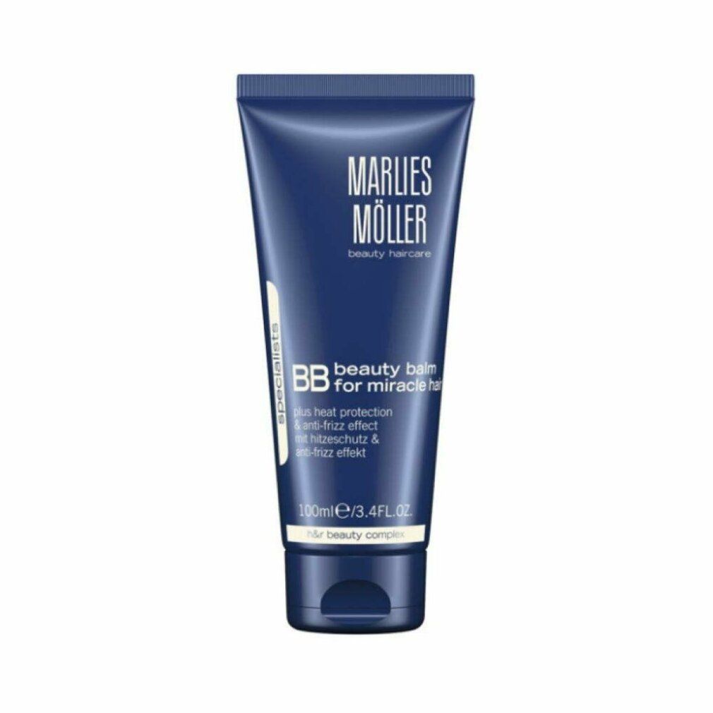 Blaue Tube mit weißer Schrift. Marlies Möller Beauty Balm für Wunderhaar. Enthält Hitzeschutz und Anti-Frizz-Effekt.