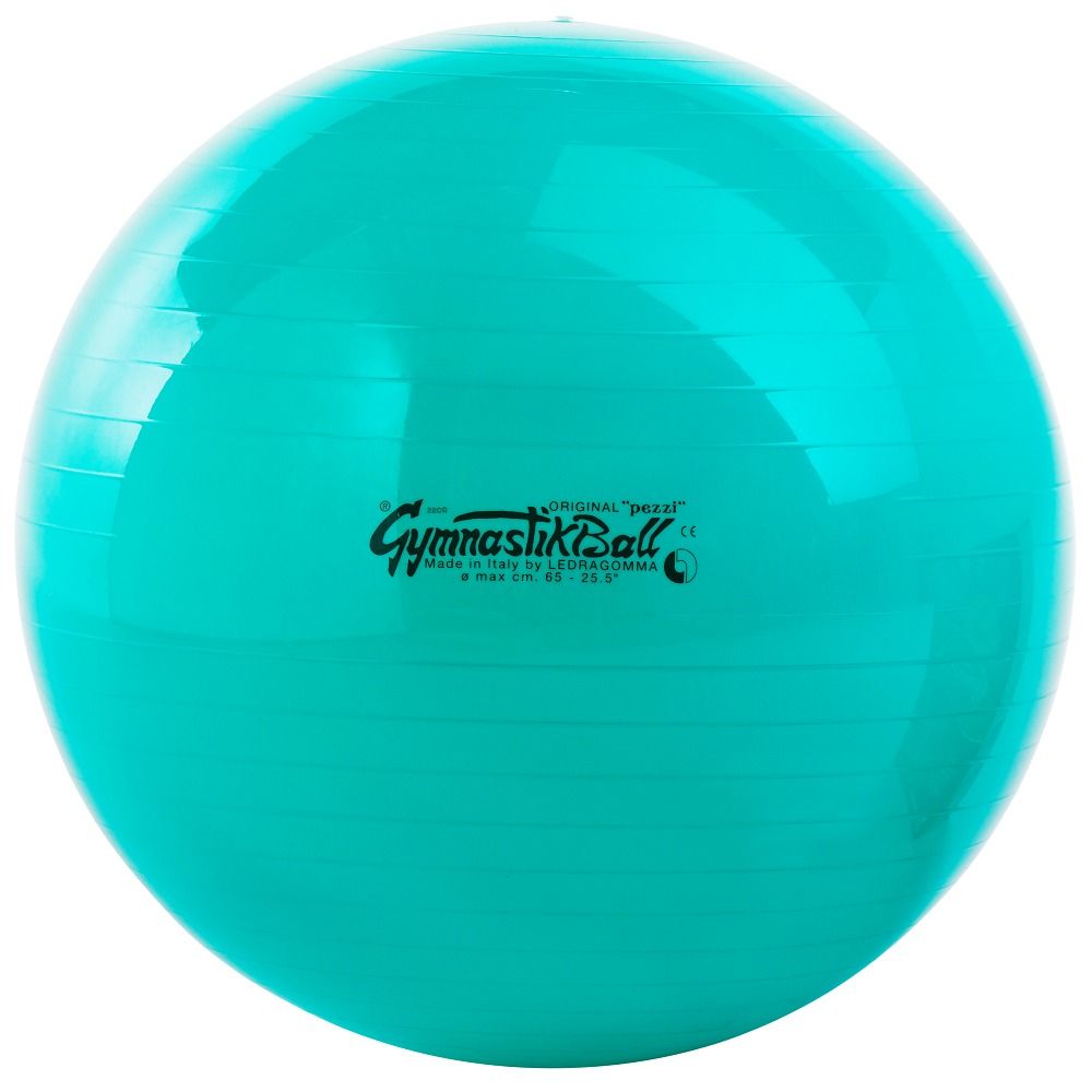 Türkisfarbener Gymnastikball mit Logo 'GymnastikBall' und 'Original Pezzi'. Text und Logo sichtbar.