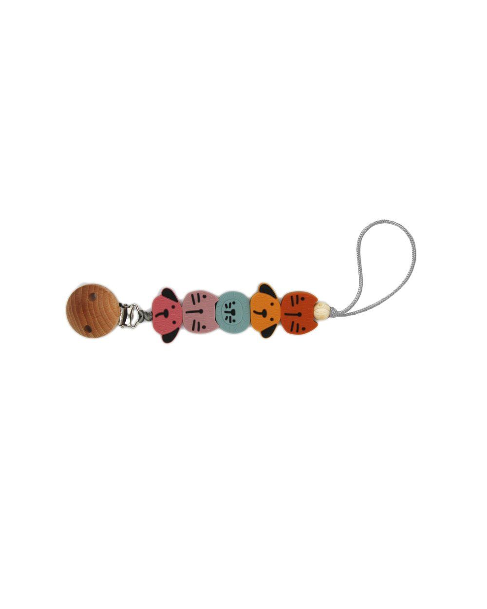 Schnullerkette mit Holzperlen in Tierform. Holz-Schnullerhalter mit Kordel. Verschiedene Farben: Rosa, Lila, Blau, Orange.