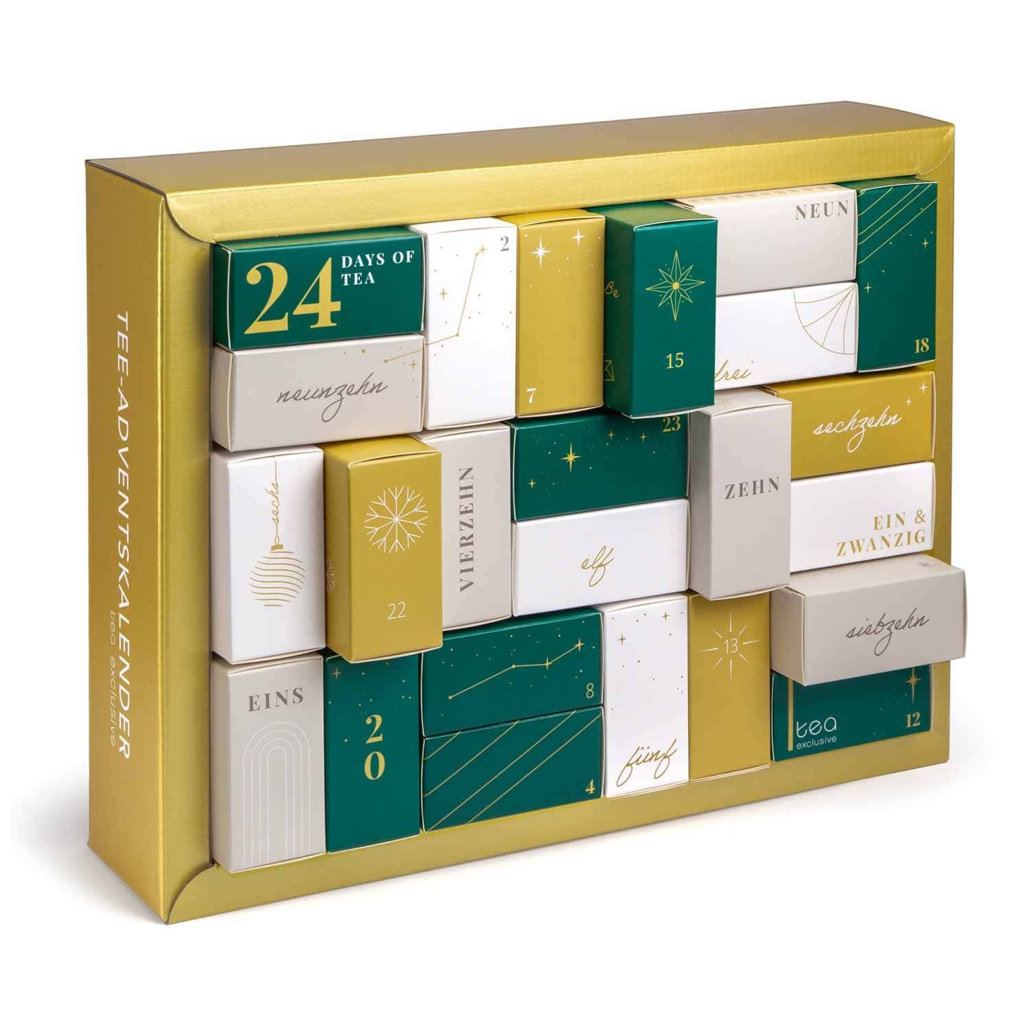 Goldener Tee Adventskalender mit 24 Schachteln, seitliche Ansicht, beschriftet 'Tee-Adventskalender'.