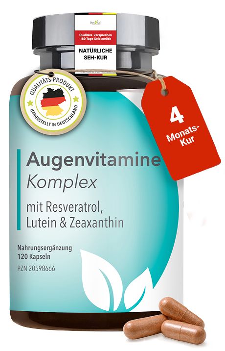 Braune Kapsel mit Etikett: Augenvitamine Komplex, 120 Kapseln.