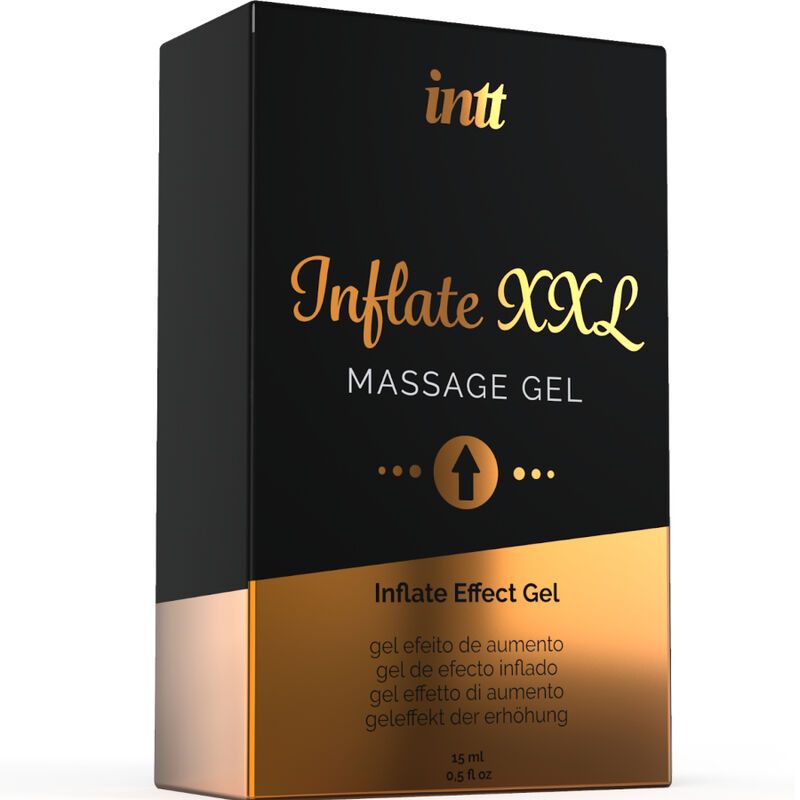 Schwarze Verpackung mit goldfarbenem Schriftzug: INTT, Inflate XXL Massage Gel. Goldfarbener unterer Bereich. Produktname und Logo sichtbar.