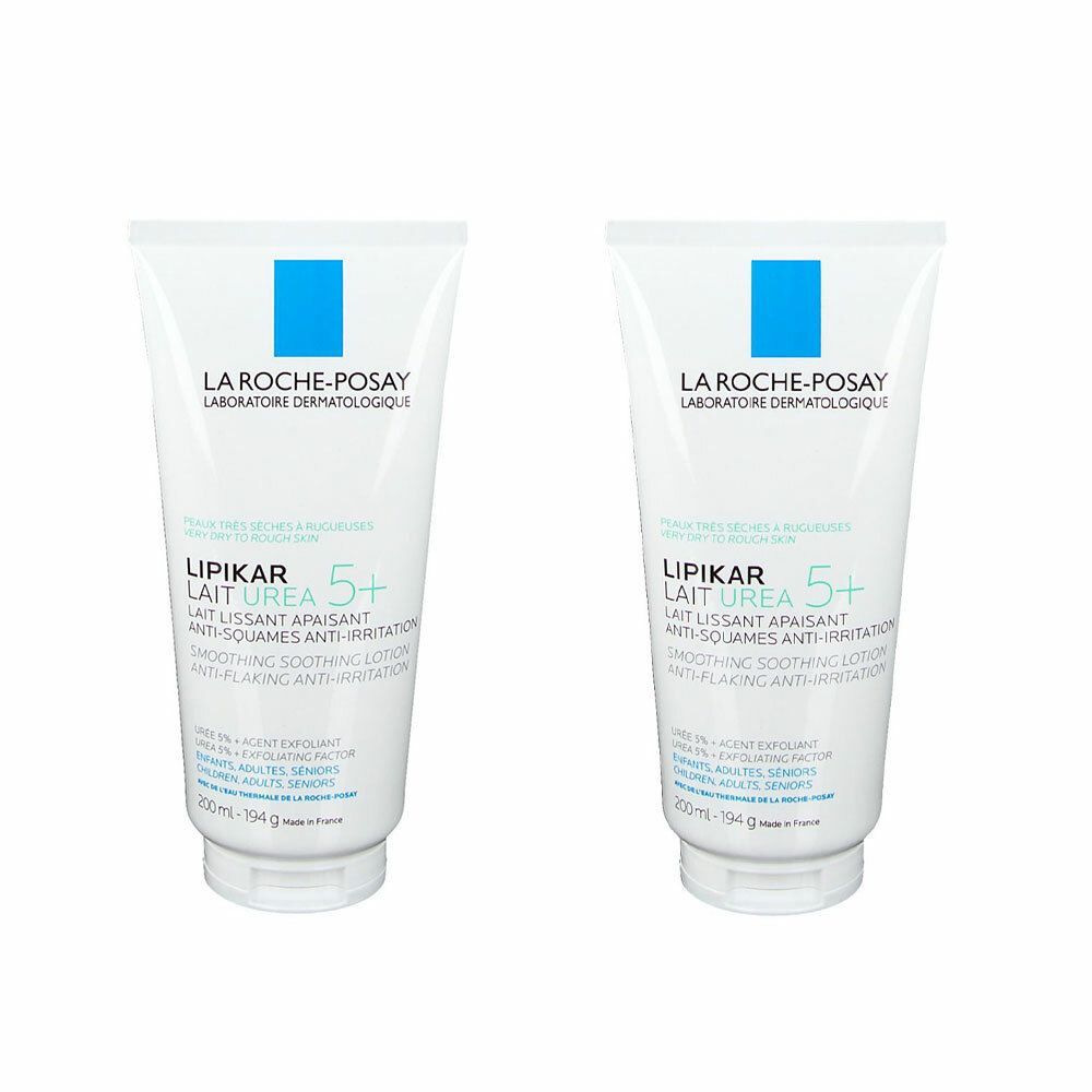 Zwei weiße Tuben mit blauer Schrift. Auf jeder Tube steht "LA ROCHE-POSAY" und "LIPIKAR LAIT UREA 5+".