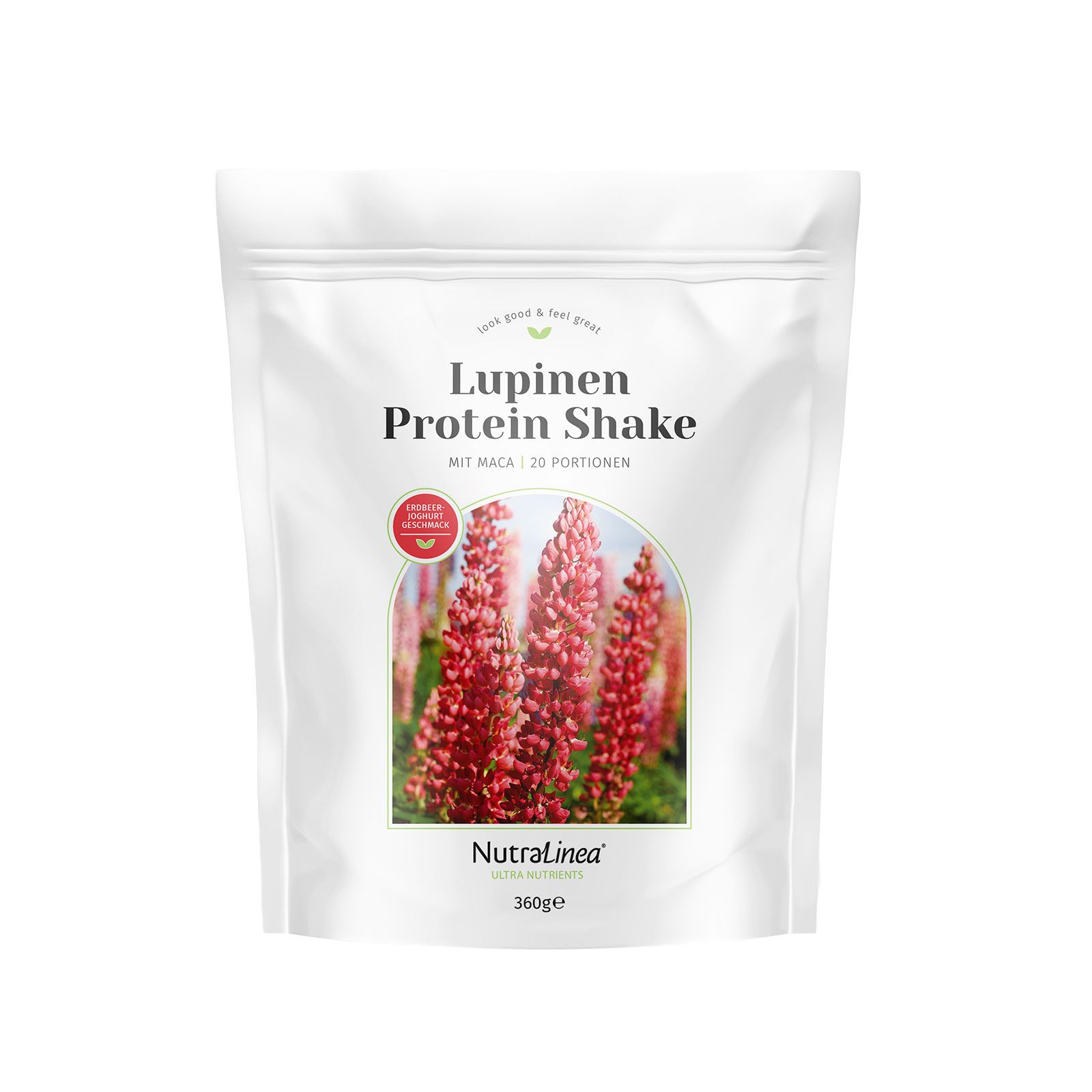 Weiße Verpackung mit Aufdruck "Lupinen Protein Shake". Bild von roten Blüten. Marke NutraLinea. 360g.