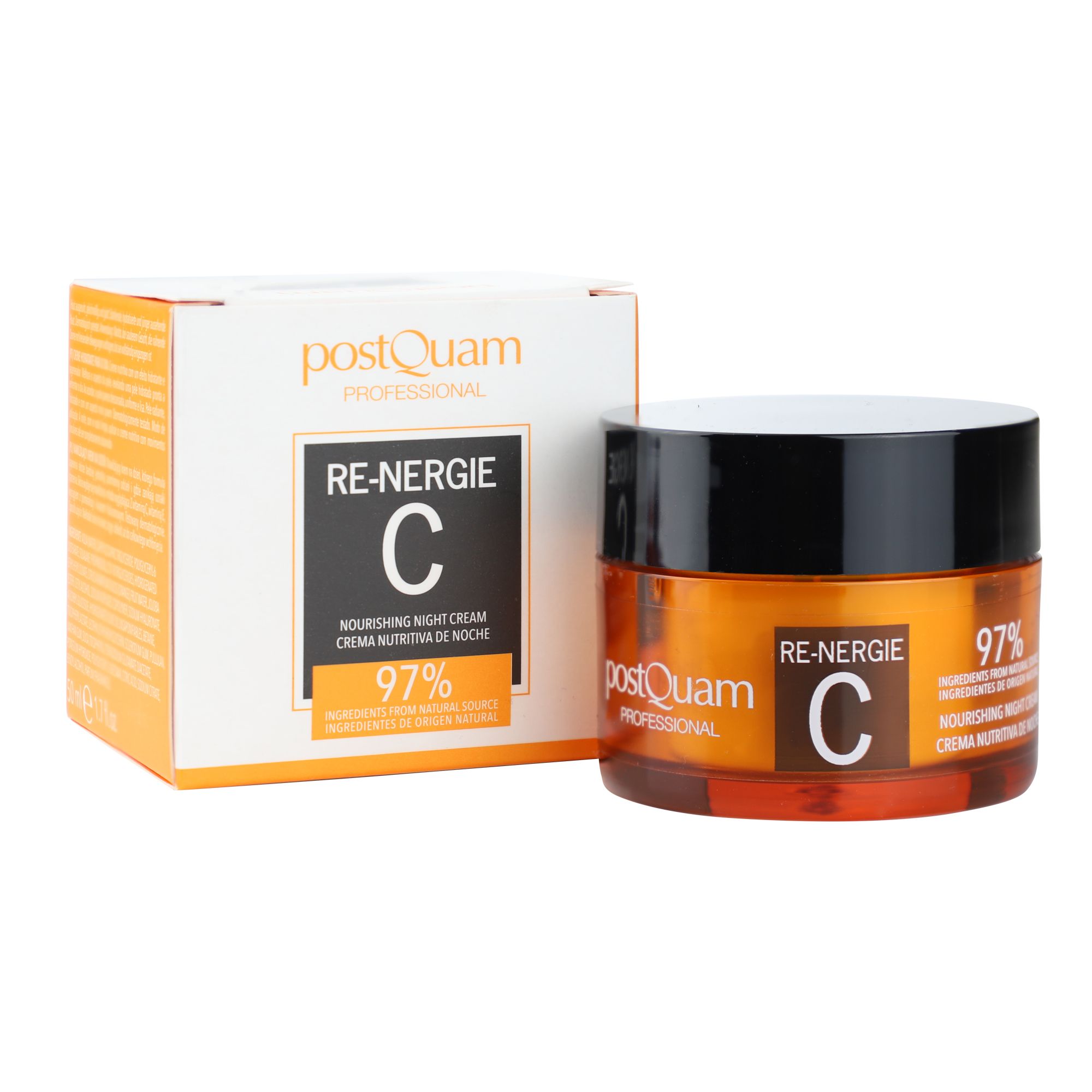 Creme-Tiegel und Verpackung. Aufschrift: PostQuam, Re-Nergie C, 97% Inhaltsstoffe natürlichen Ursprungs. Orangefarbener Tiegel, weiße Verpackung.