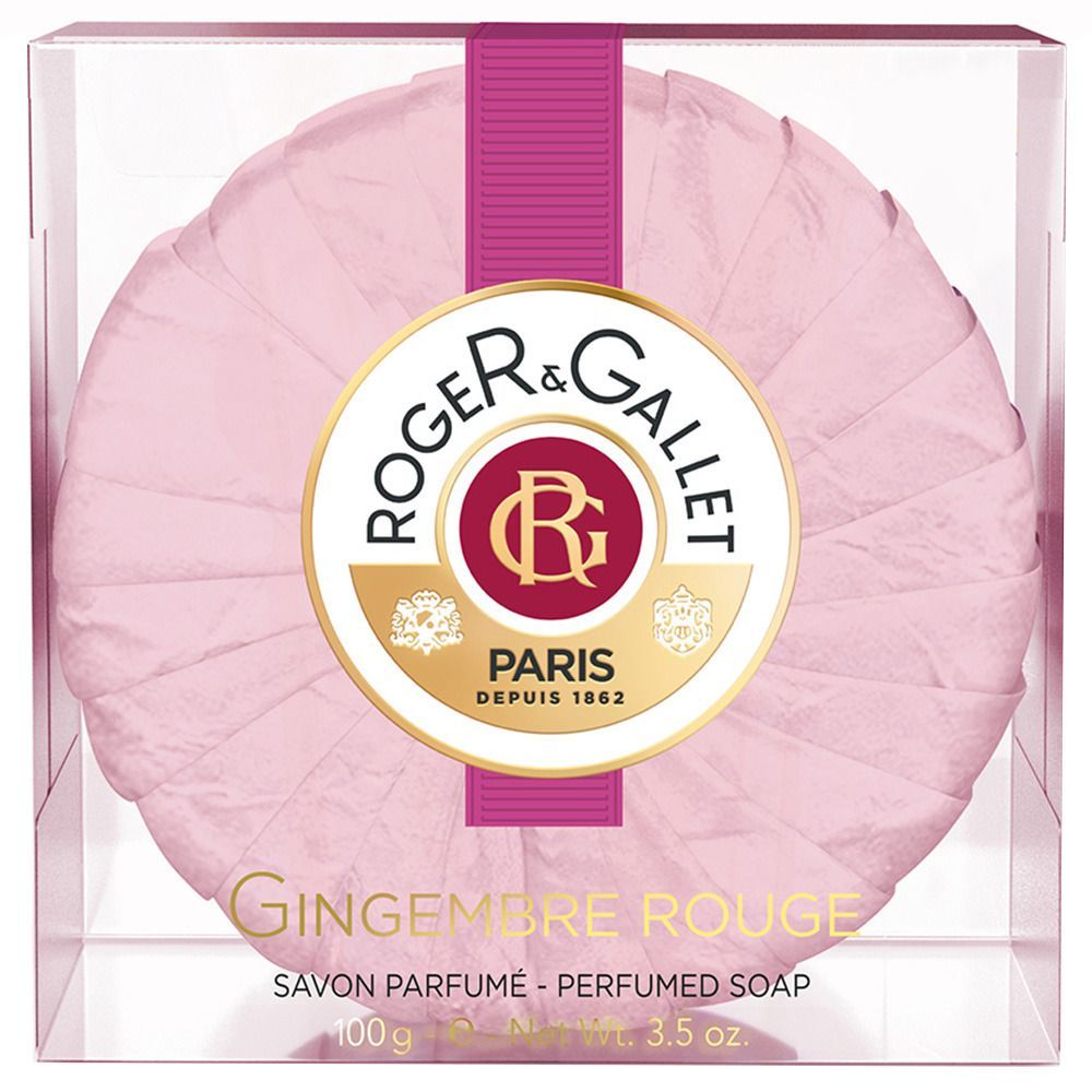 Runde Seife in transparenter Box. Rosa Papier. Logo ROGER & GALLET. Schriftzug Gingembre Rouge. 100g.