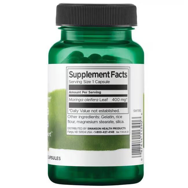 Rückseite der grünen Flasche. Etikett mit Nährwertangaben: Moringa oleifera Leaf 400 mg. Weitere Inhaltsstoffe.