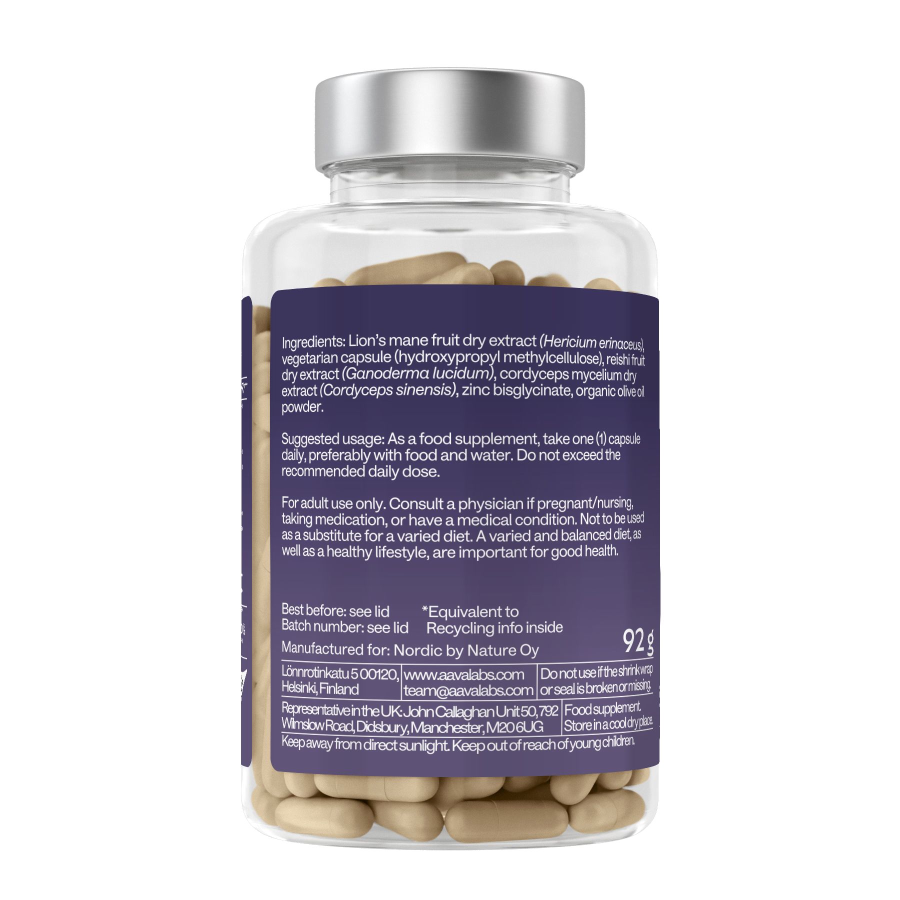 Rückseite der Kapsel-Flasche. Enthält Informationen zu Inhaltsstoffen, Anwendung und Nährwertangaben.