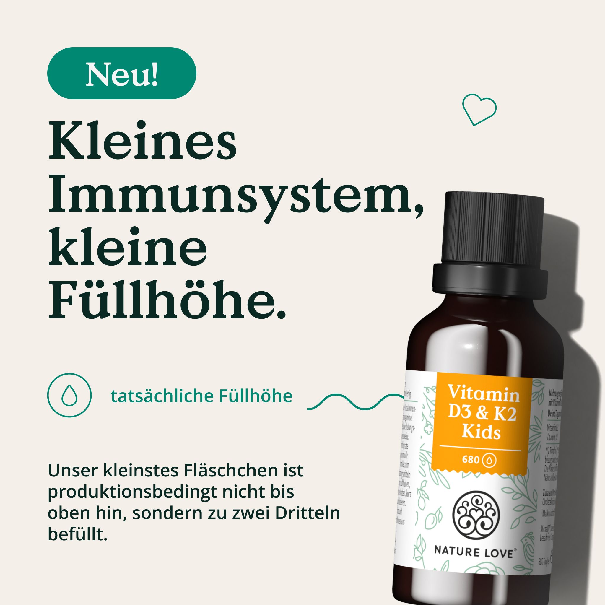 NATURE LOVE® Vitamin D3 + K2 Kinder (20ml) - 800 I.E. Vitamin D3/Tagesdosis - optimal für kids