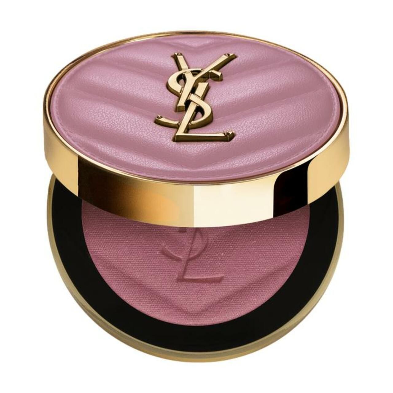 Runder, rosafarbener Rouge-Puder in goldener und lila Hülle mit YSL-Logo.