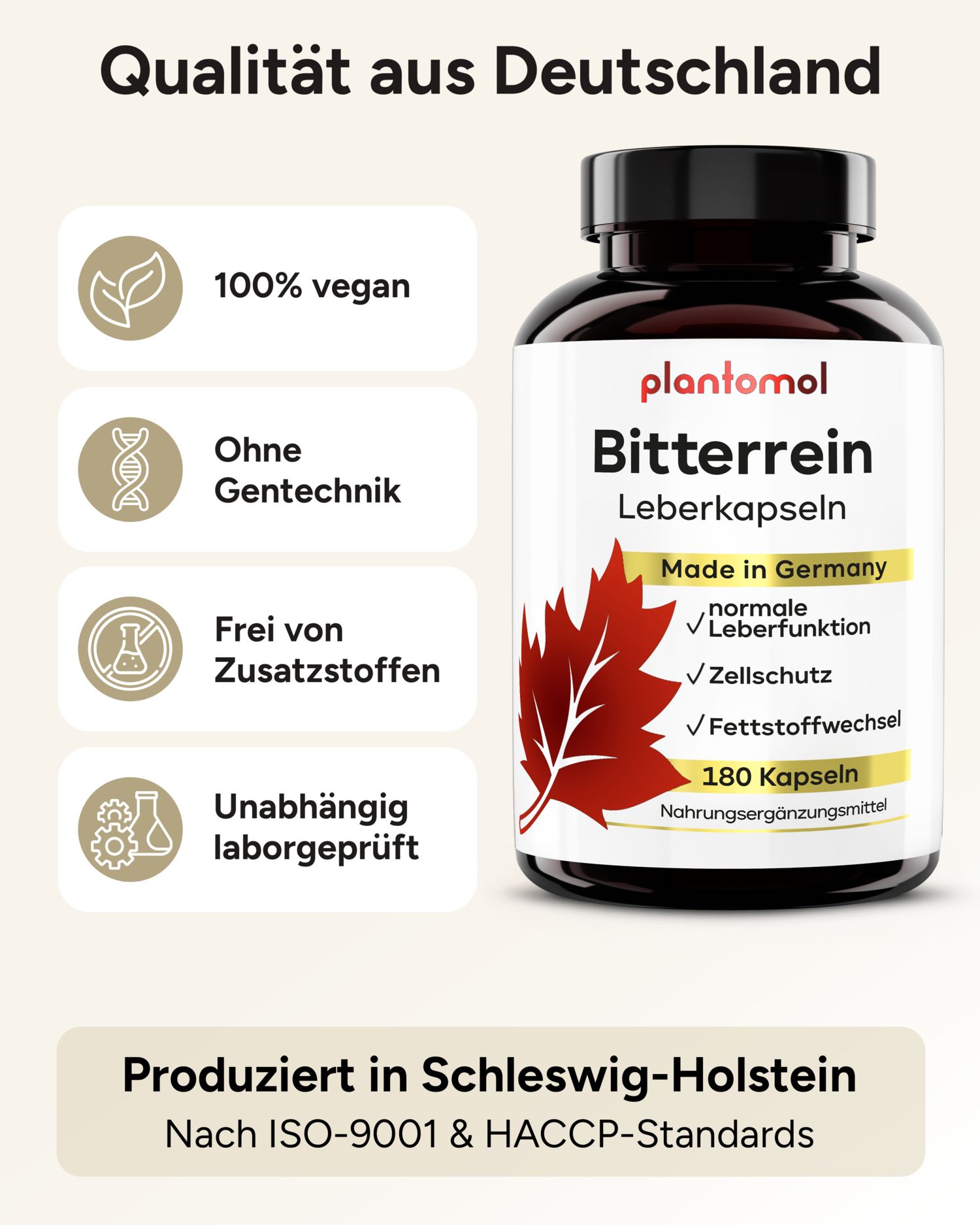 Schwarze Flasche plantomol Bitterrein Leberkapseln. Text: 100% vegan, Ohne Gentechnik, Frei von Zusatzstoffen. Qualität aus Deutschland.