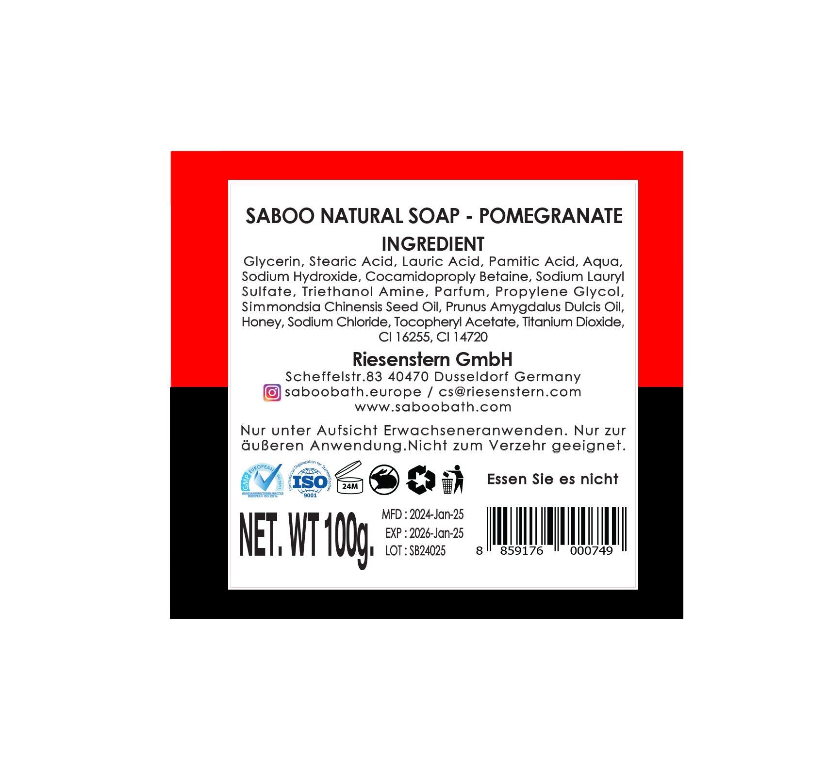 Saboo Naturseife MP – Granatapfel. Rückseite der Verpackung. Zutatenliste, Herstellerinformationen, Gewicht und Zertifizierung.