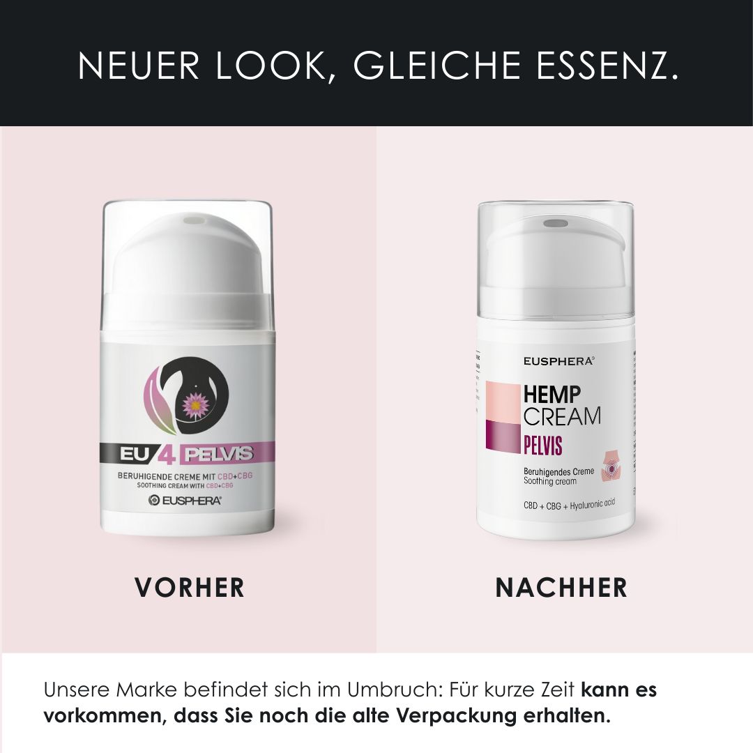 Produktabbildung mit Text: Vorteile. Creme-Flasche. Lindert Juckreiz, Reizungen, Mykosen, Vaginaltrockenheit.
