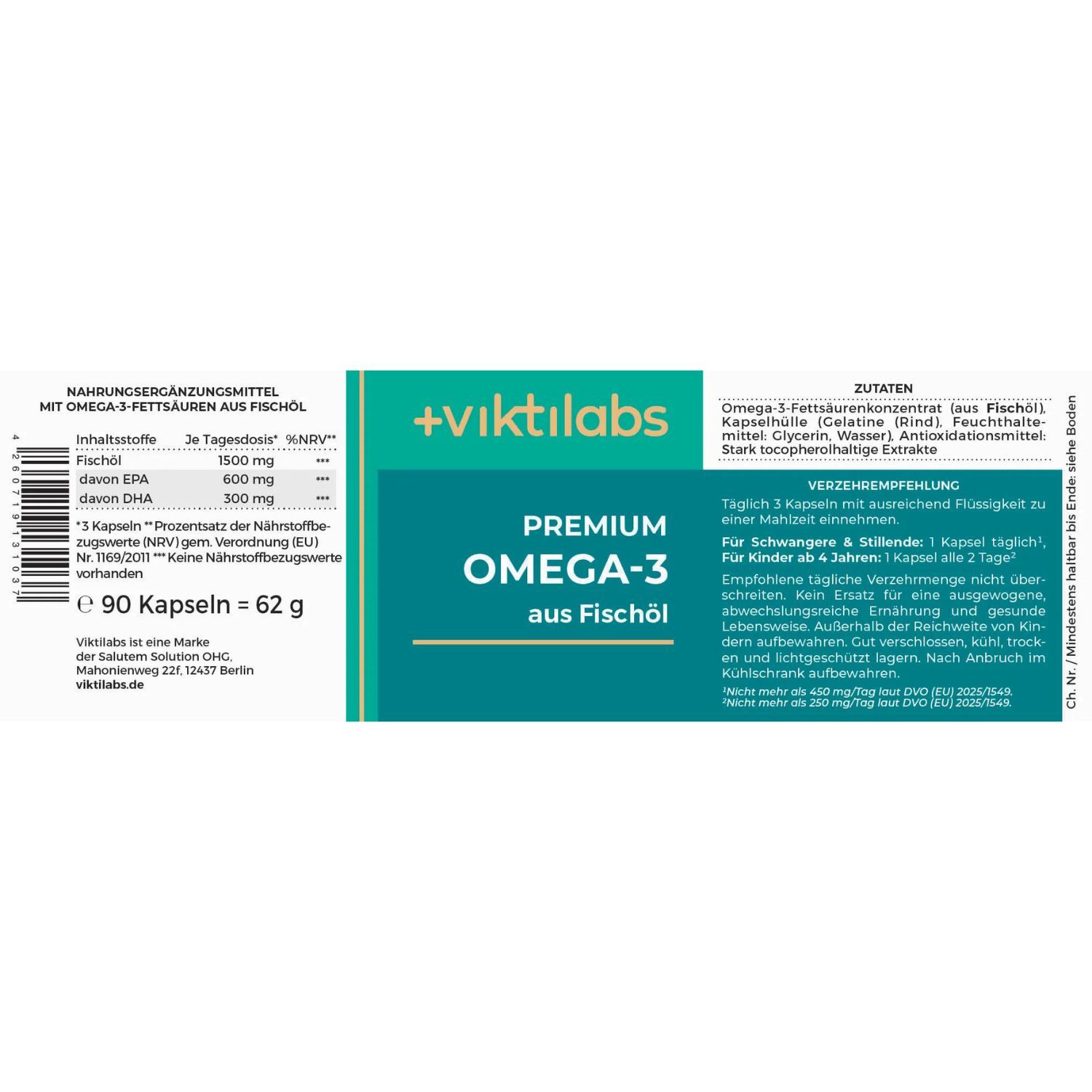 Etikett einer Flasche Viktilabs Premium Omega-3 Fischöl Kapseln mit Nährwertangaben und Inhaltsstoffen.