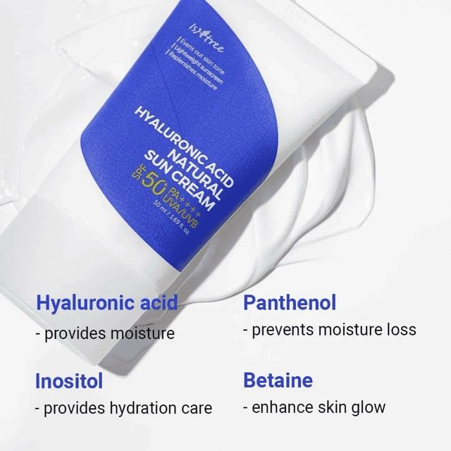Isntree Hyaluronic Acid Natural Sun Cream SPF 50 mit Inhaltsstoffen: Hyaluronsäure, Panthenol, Inositol, Betain.