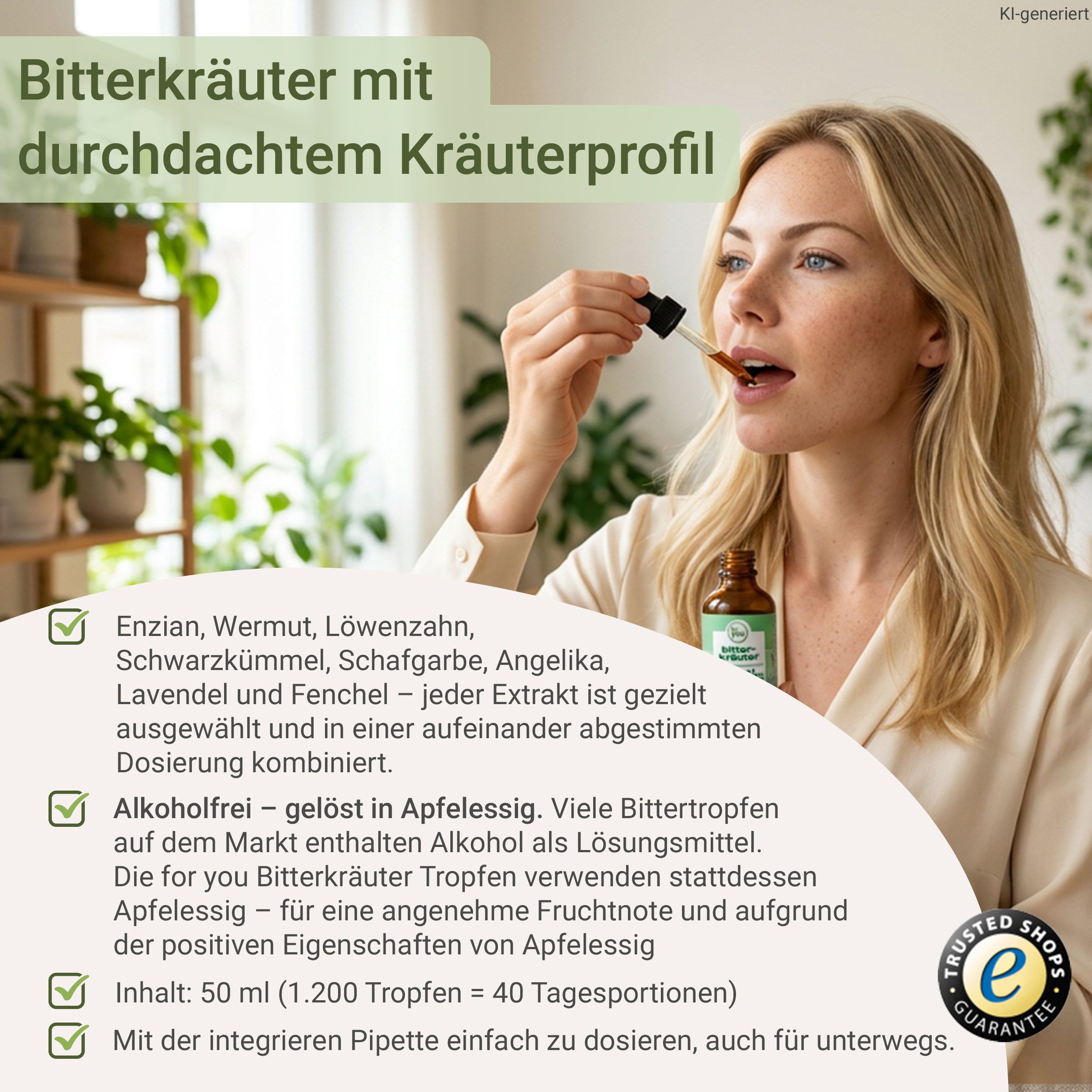 Frau nimmt Kräutertropfen mit Pipette ein. Braune Glasflasche mit grünem Etikett sichtbar.