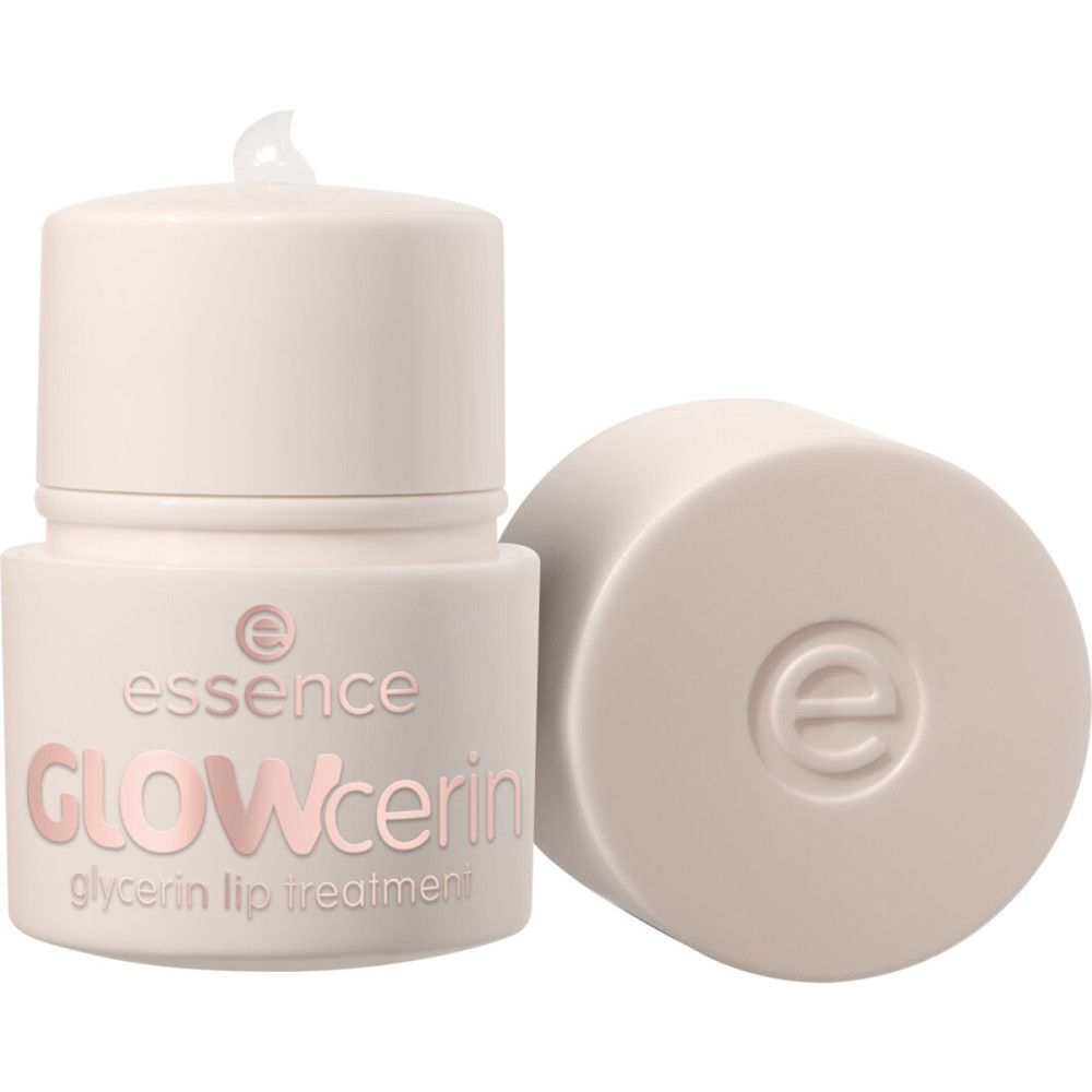 Essence Glowcerin Lippenpflege, offener Behälter mit Deckel daneben. Produktname und Schriftzug auf der Vorderseite. Cremige Textur sichtbar.
