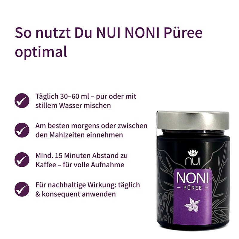 Glas NUI NONI Püree. Schwarzes Glas mit silbernem Deckel. Aufschrift: NUI NONI Püree. Lila Etikett. Text: So nutzen Sie NUI NONI Püree optimal.