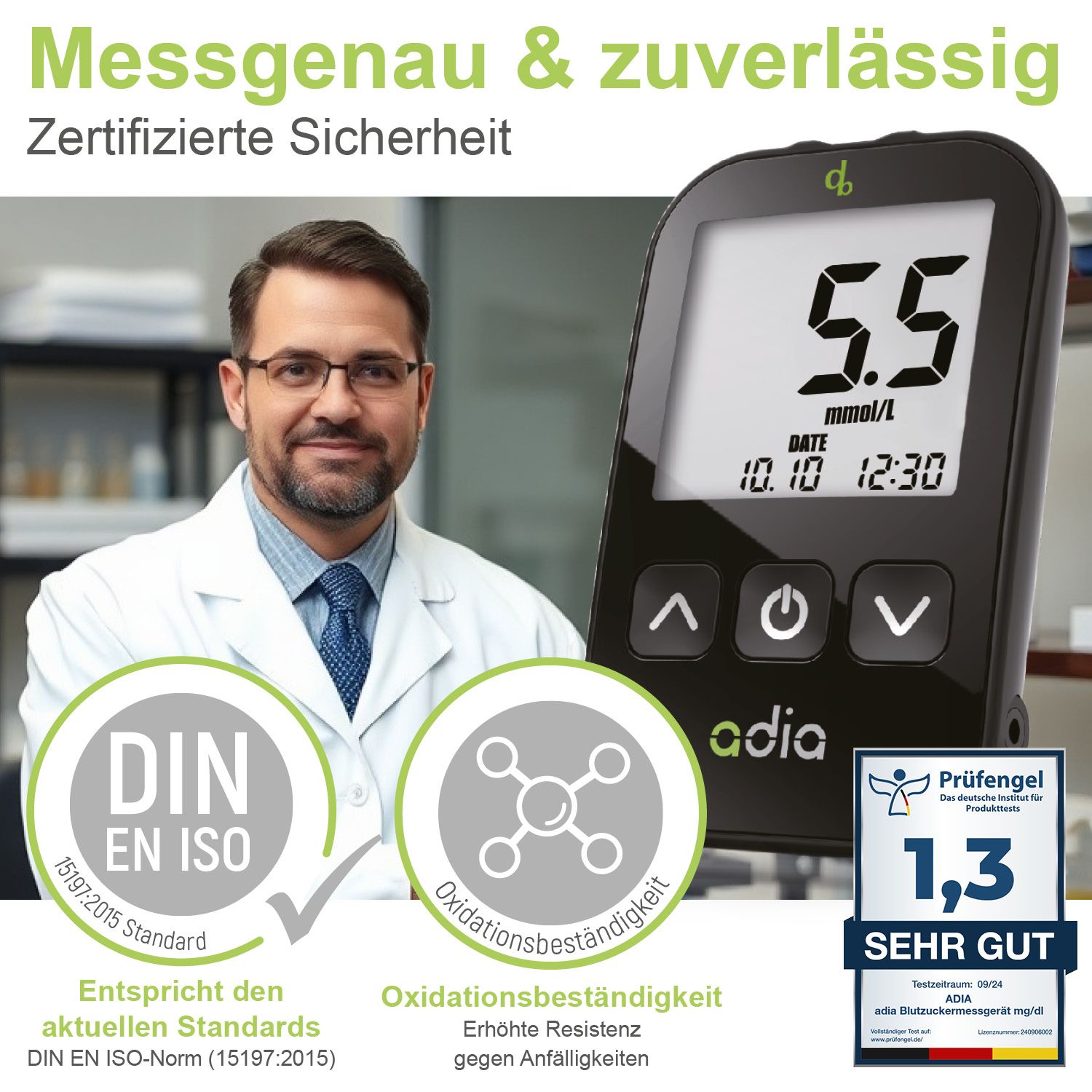 adia Set: Blutzuckermessgerät (mmol/L) + 110 Teststreifen