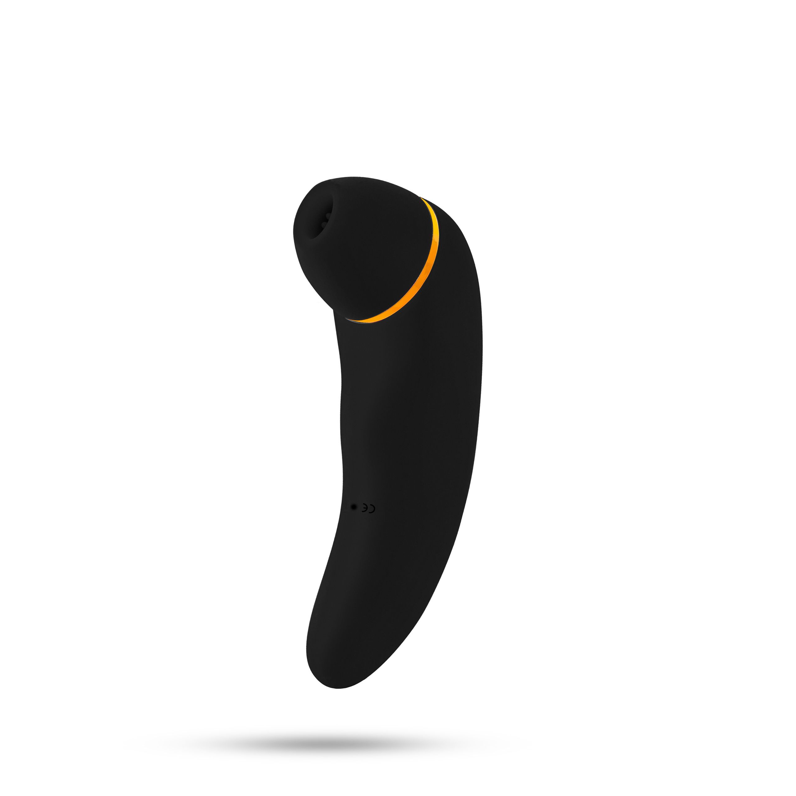 Schwarzes, gebogenes Vibrationsgerät mit gelbem Akzent. Ein Ende ist abgerundet.