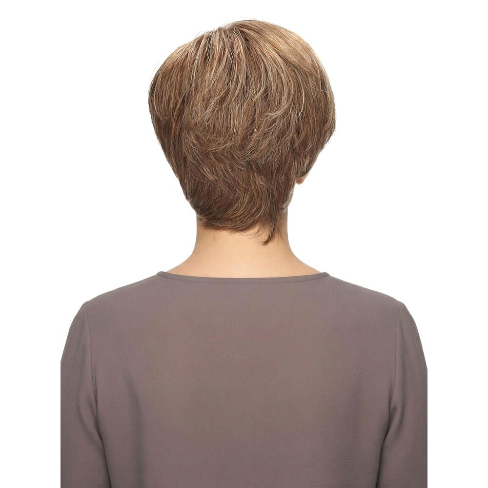 Kurzhaarperücke, braun mit helleren Strähnen. Rückansicht.