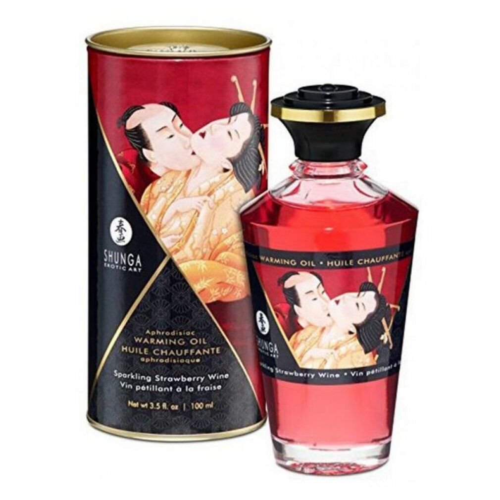 Rode fles en doos met etiketten. Opschrift: Shunga, Warming Oil, aardbei aroma. Illustratie van een kussend paar.